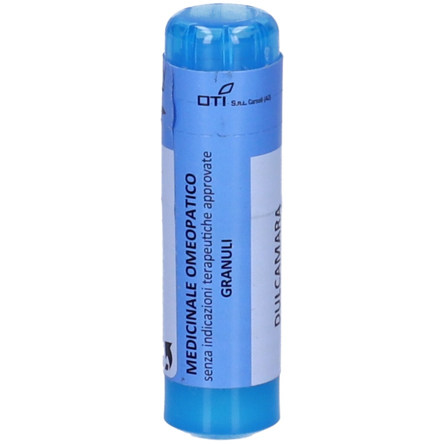Contenitore cilindrico blu con etichetta bianca. Scritta: MEDICINALE OMEOPATICO GRANULI. Logo OTI.