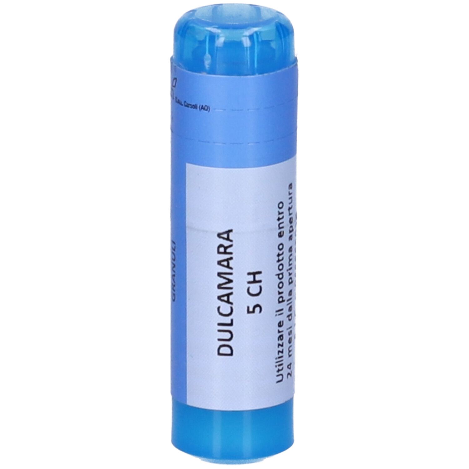 Contenitore cilindrico blu con etichetta bianca. Scritta: DULCAMARA 5 CH. Tappo trasparente.