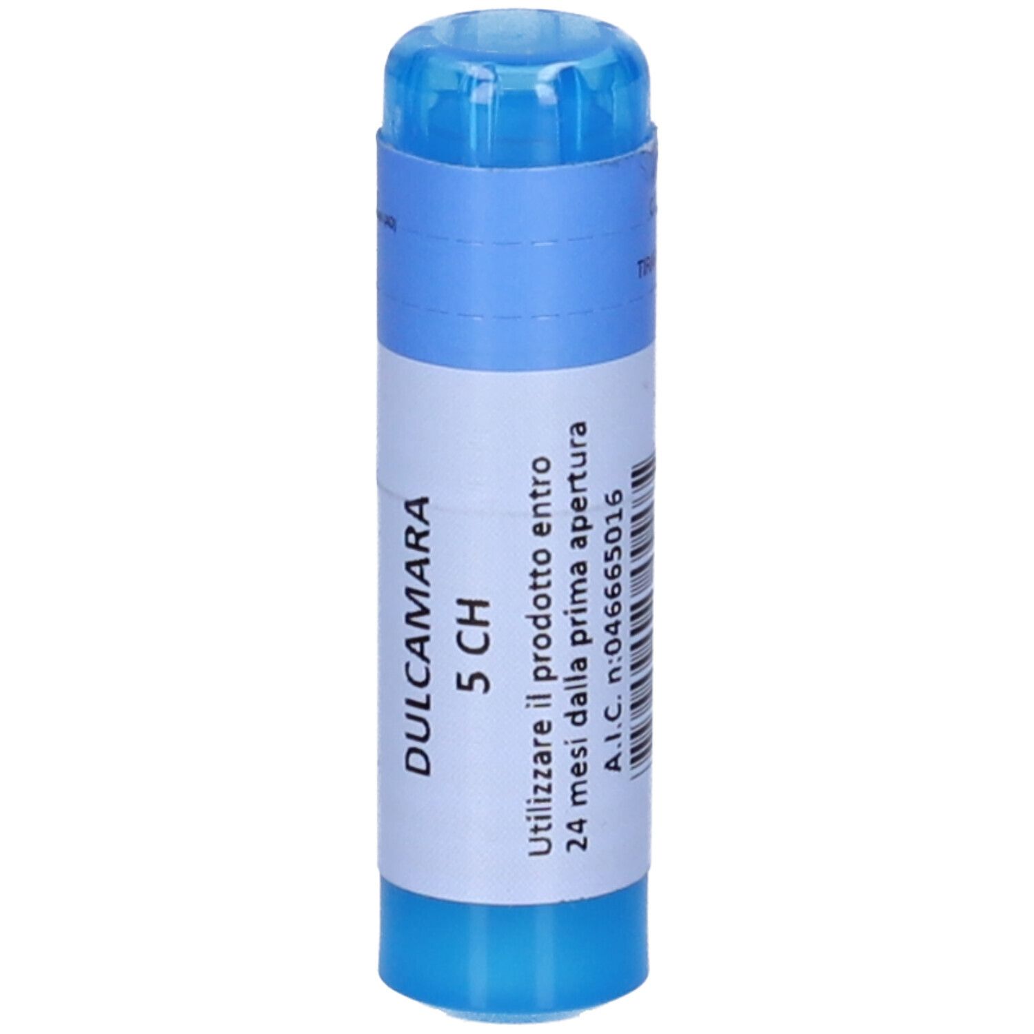 Contenitore blu con etichetta bianca. Scritta: DULCAMARA 5 CH. A.I.C. n:046665016. Tappo trasparente.