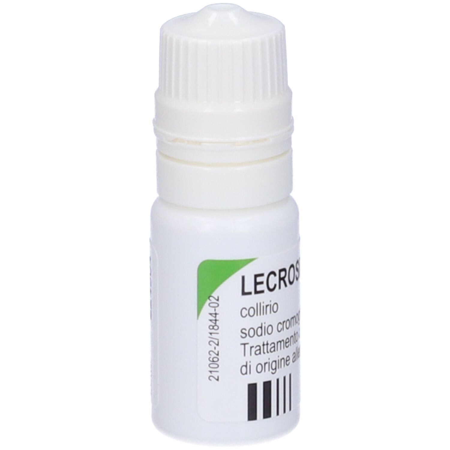 Flacone bianco di collirio con tappo a vite. Scritta: LECROSINE collirio. Codice a barre e marchio verde.