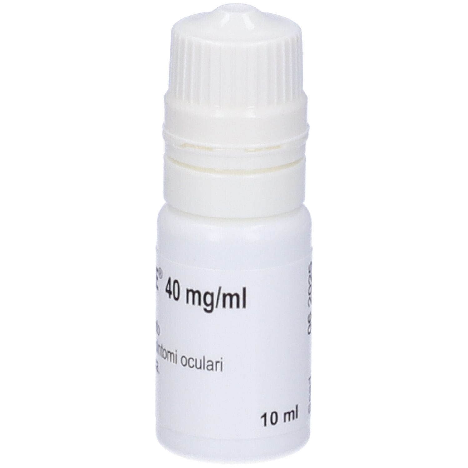 Flacone bianco di collirio con tappo a vite. Scritta: LECROSINE 40 mg/ml. Volume: 10 ml.