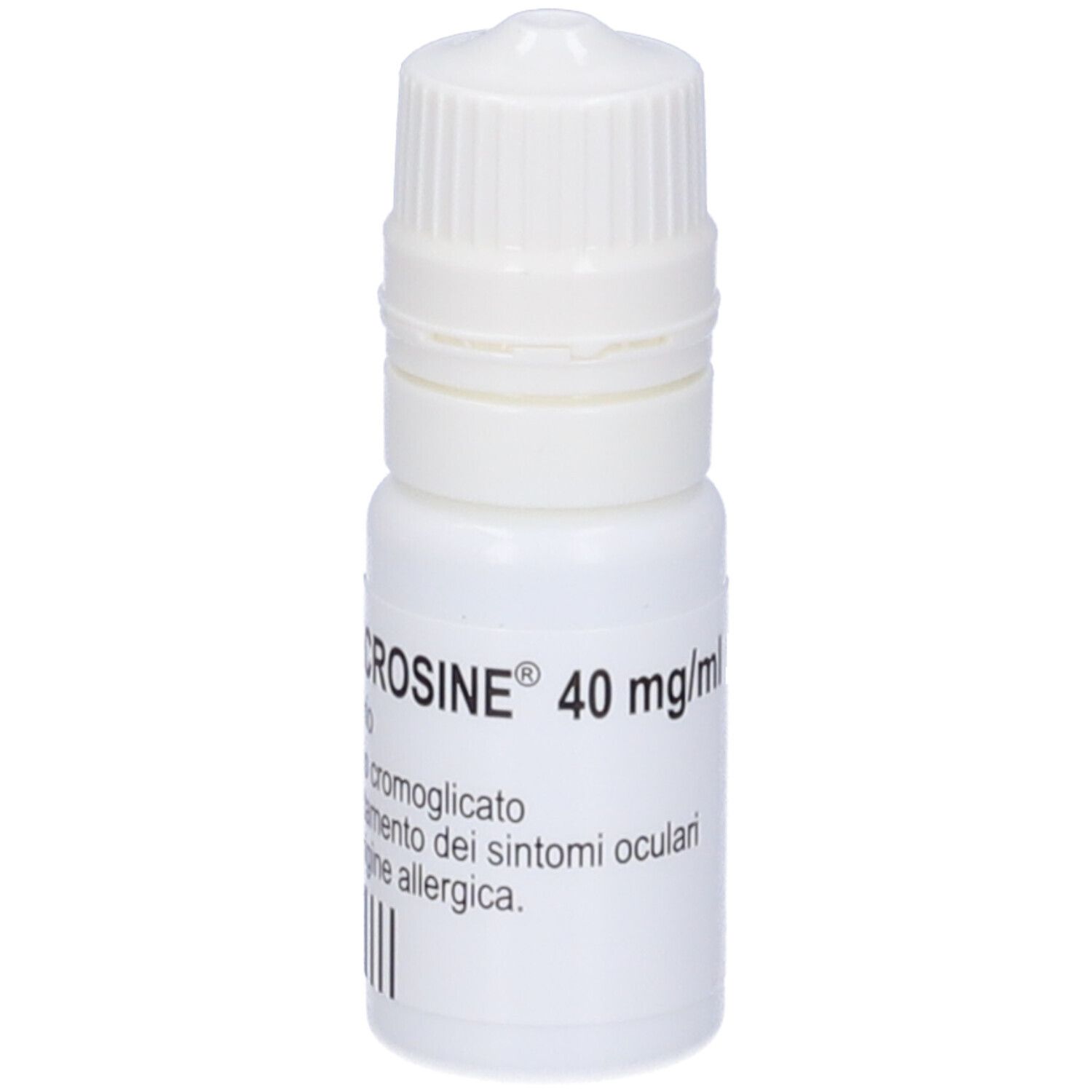 Flacone bianco di collirio con tappo a vite. Scritta: LECROSINE 40 mg/ml. Codice a barre.
