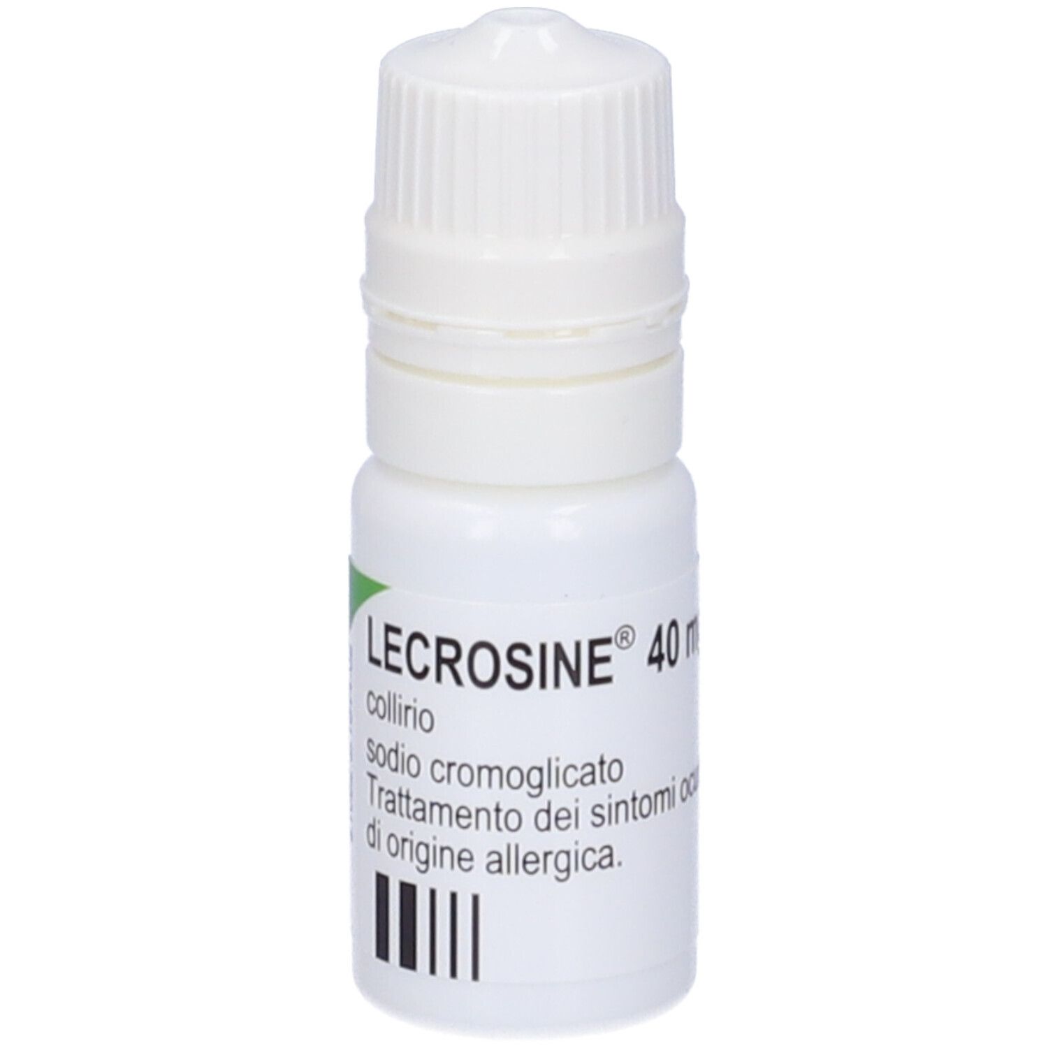 Flacone bianco di collirio con tappo a vite. Scritta: LECROSINE 40 mg/ml collirio. Codice a barre.