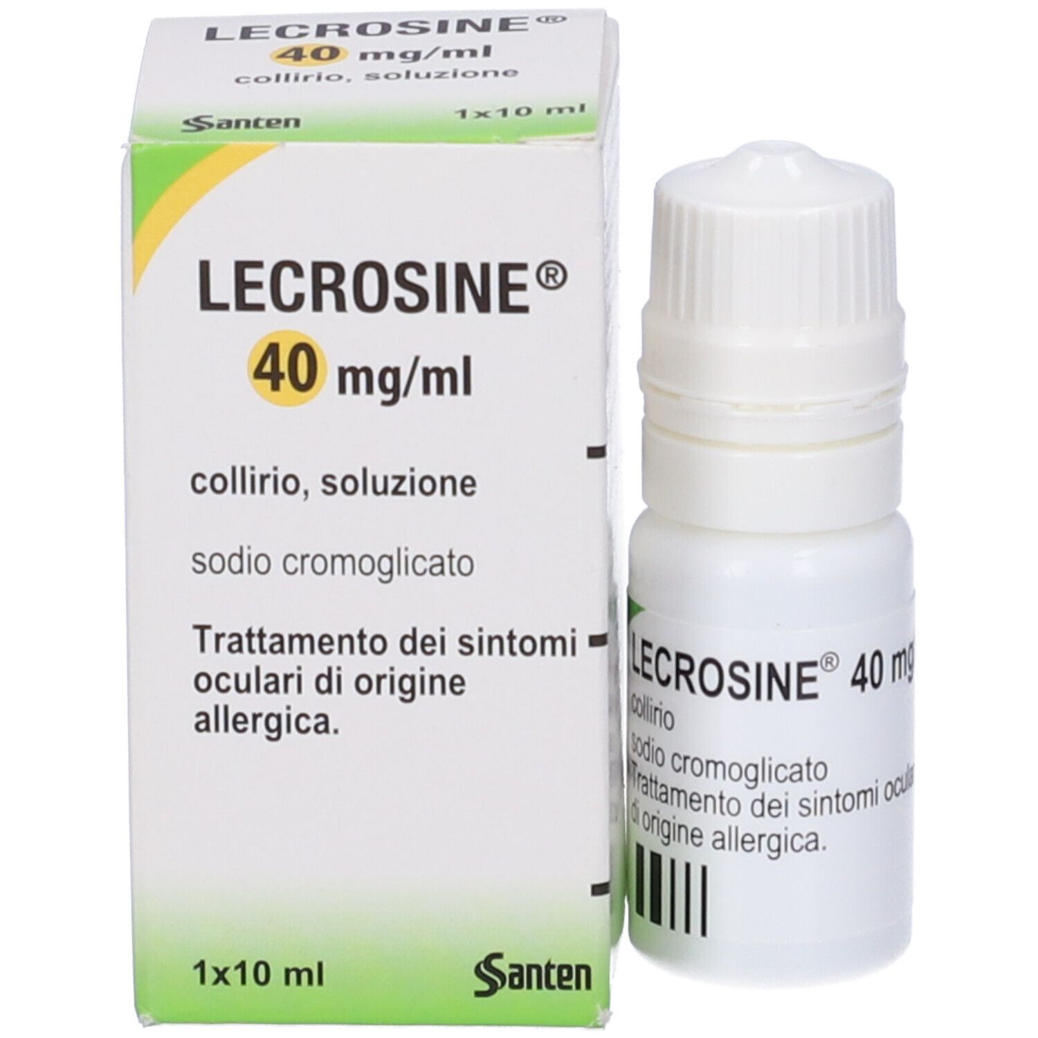 Scatola e flacone di collirio. Scritta: LECROSINE 40 mg/ml collirio, soluzione. 1x10 ml. Marchio Santen.