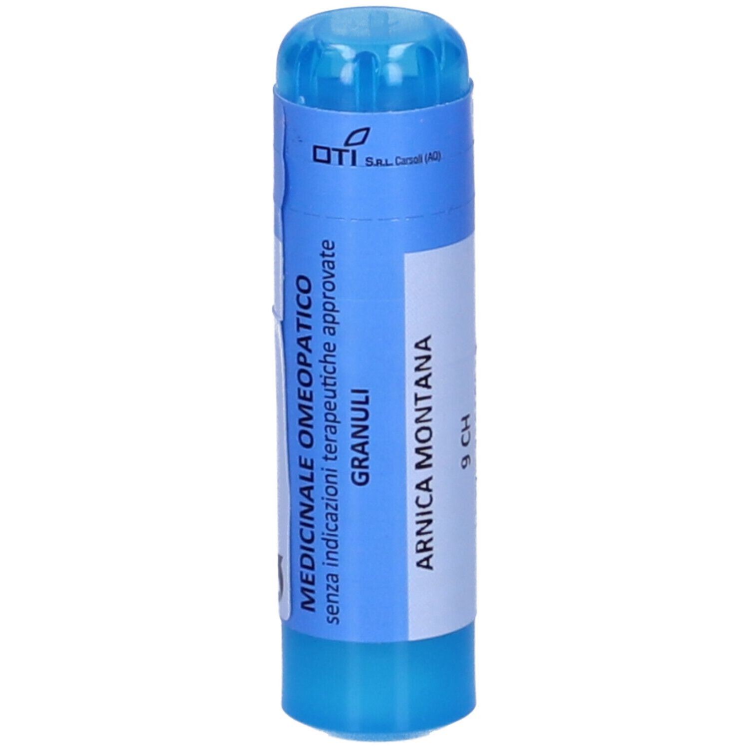 Contenitore cilindrico blu con etichetta bianca. Testo: Medicinale Omeopatico, Granuli, Arnica Montana 9 CH.