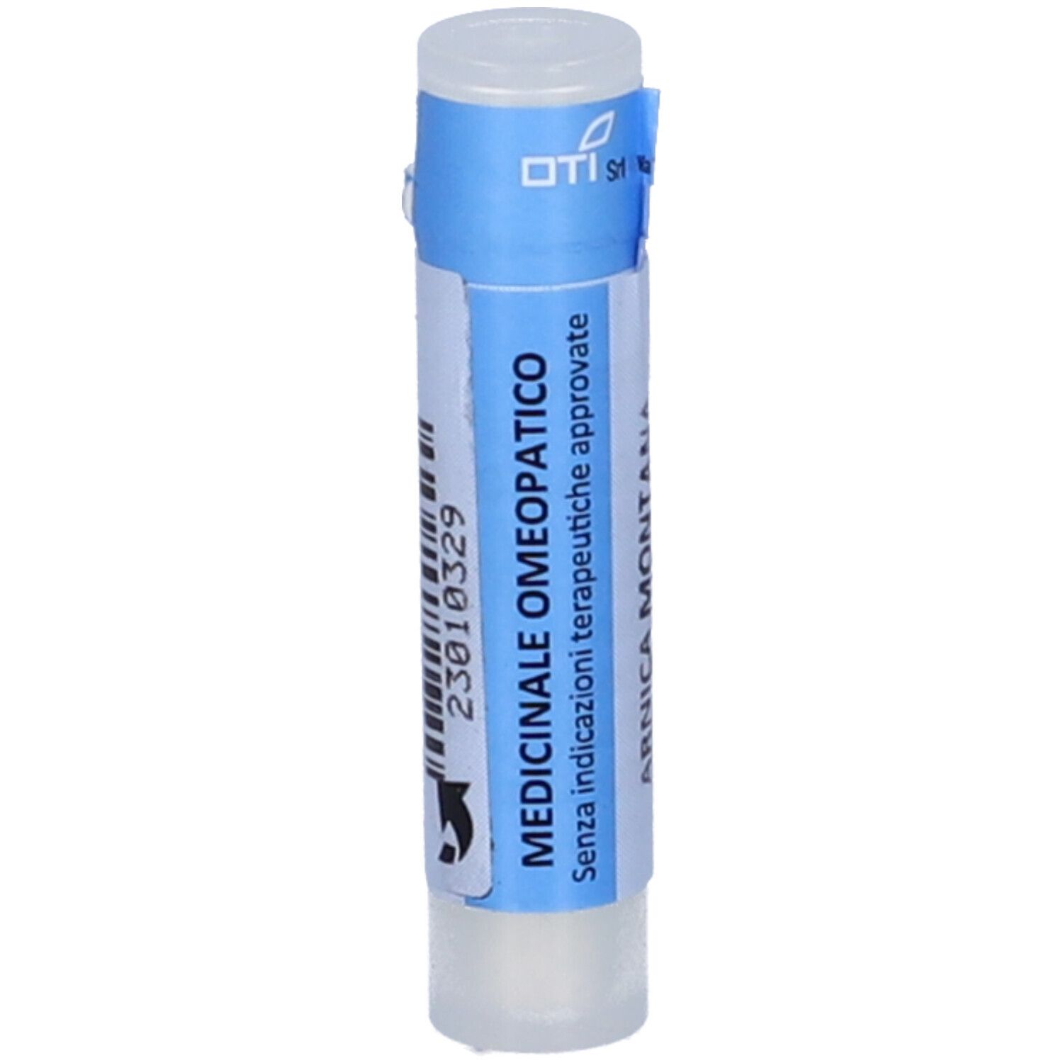 Contenitore monodose cilindrico bianco con etichetta blu. Scritta: MEDICINALE OMEOPATICO.