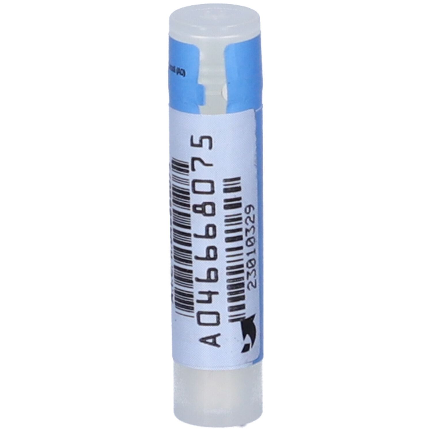 Contenitore monodose cilindrico bianco con etichetta blu. Scritta: A046668075, codice a barre e numero di lotto.