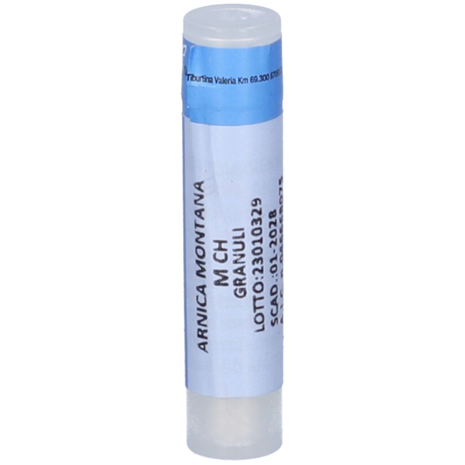 Contenitore monodose cilindrico bianco con etichetta blu. Scritta: ARNICA MONTANA M CH Granuli, data di scadenza.