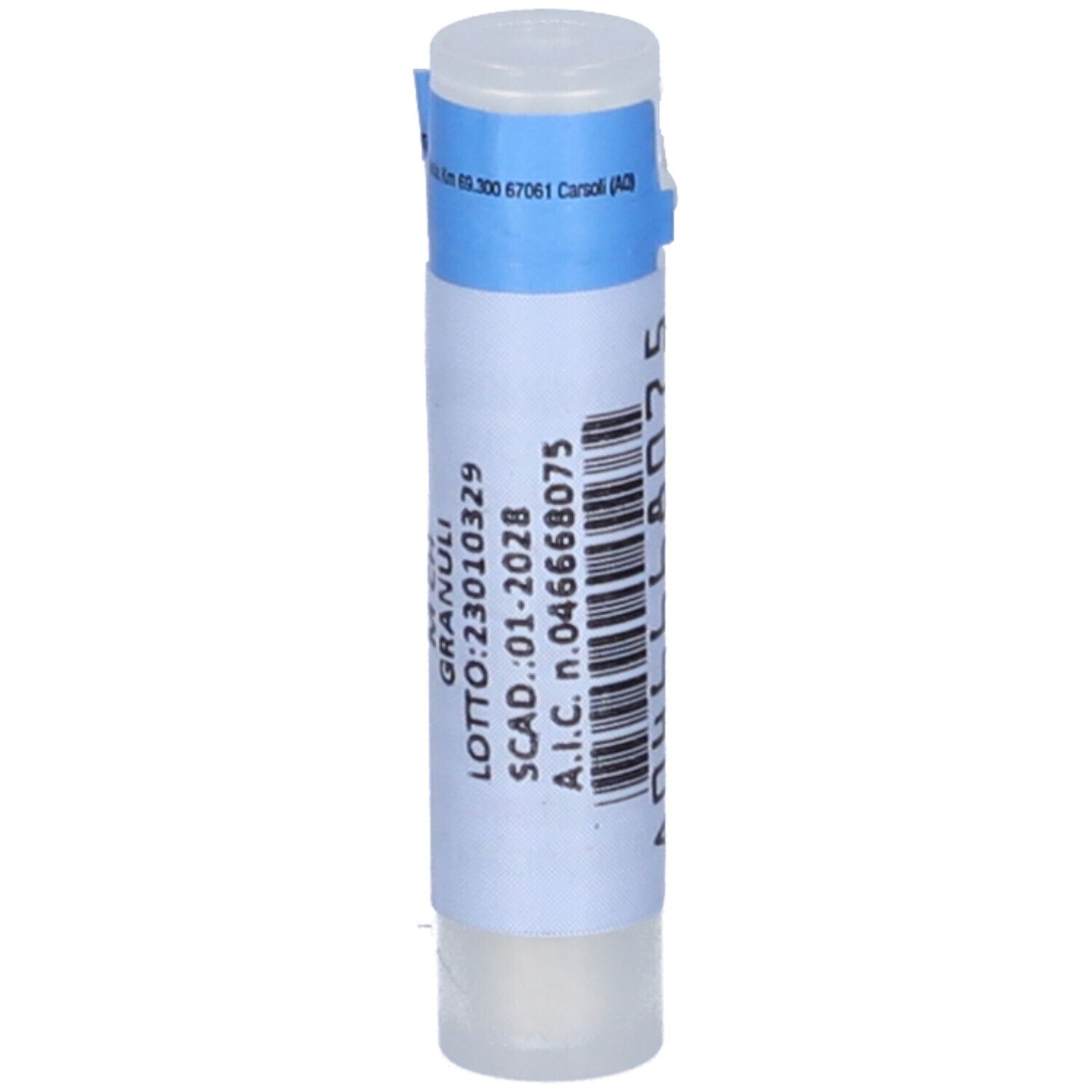 Contenitore monodose cilindrico bianco con etichetta blu. Scritta: Granuli, numero di lotto, data di scadenza, A.I.C.