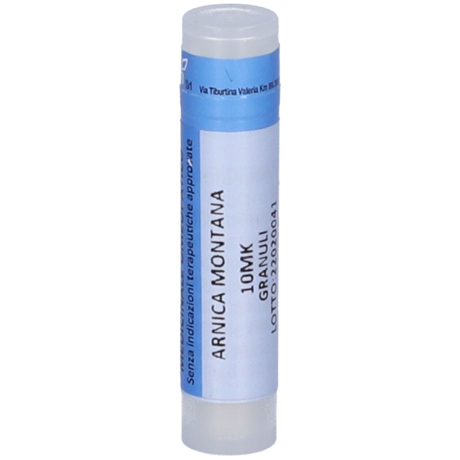 Contenitore monodose cilindrico bianco con etichetta blu. Testo: ARNICA MONTANA 10MK Granuli. Numero di lotto.