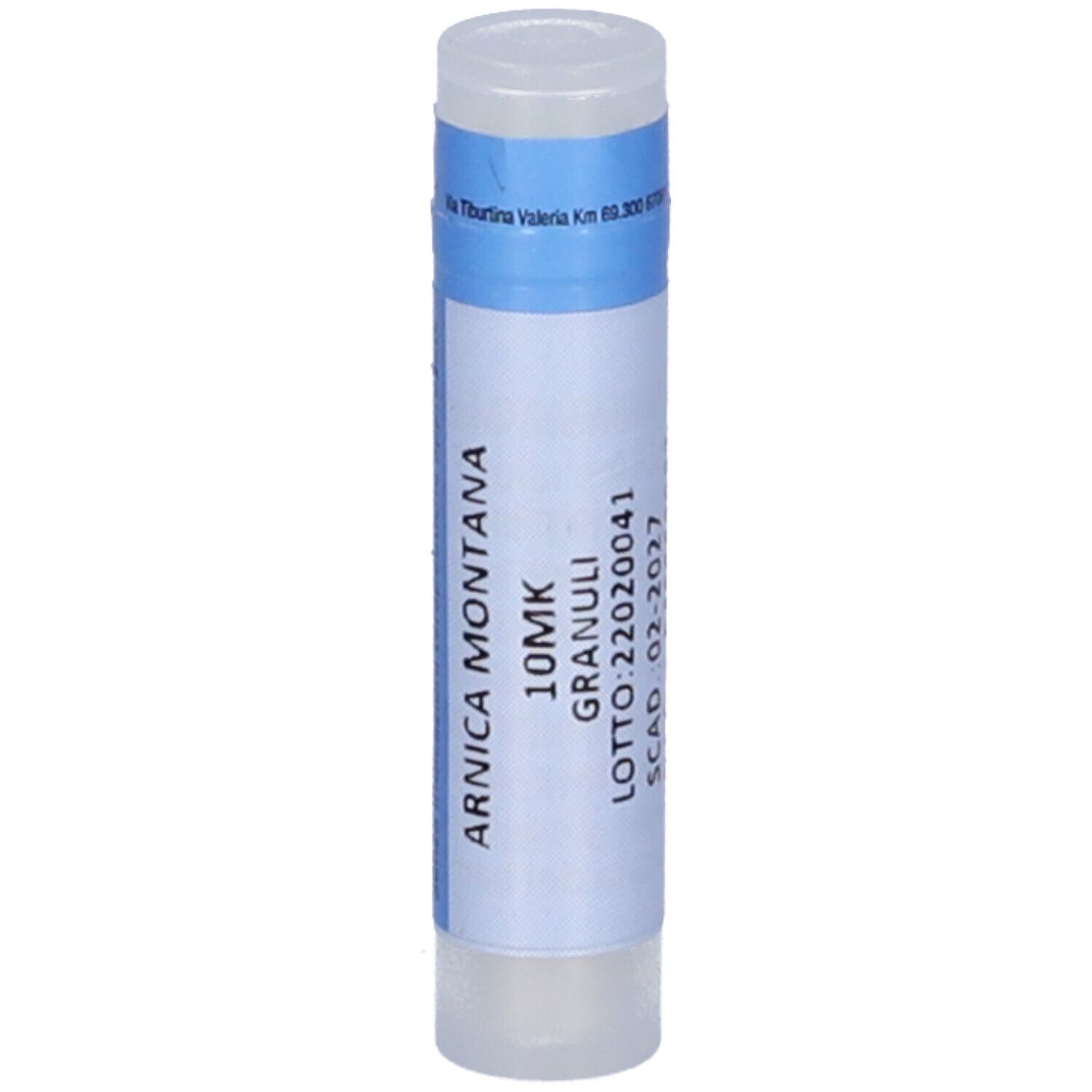Contenitore monodose cilindrico bianco con etichetta blu. Testo: ARNICA MONTANA 10MK Granuli. Numero di lotto e scadenza.