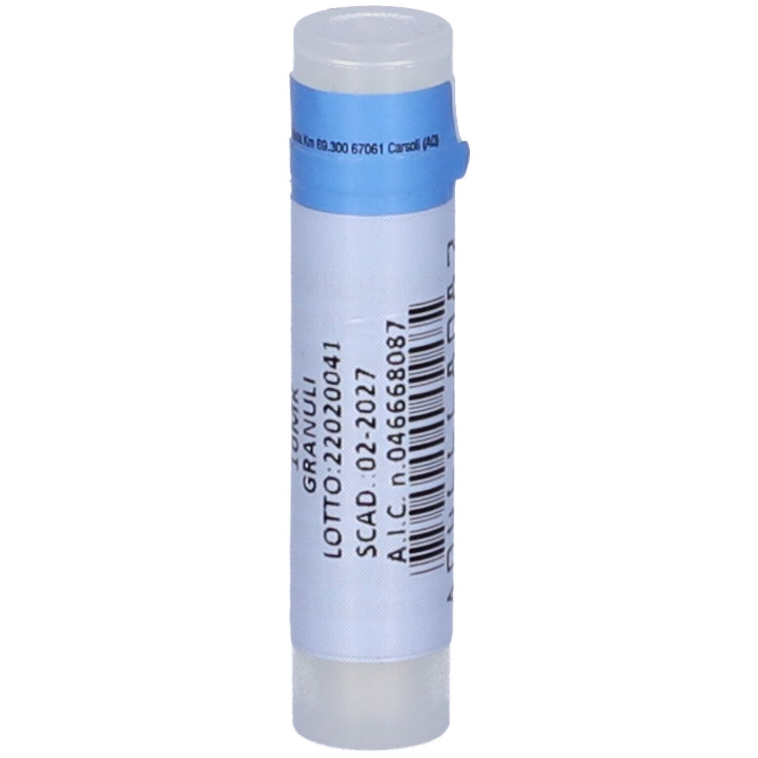 Contenitore monodose cilindrico bianco con etichetta blu. Testo: ARNICA MONTANA 10MK Granuli. Numero di lotto, scadenza e A.I.C.