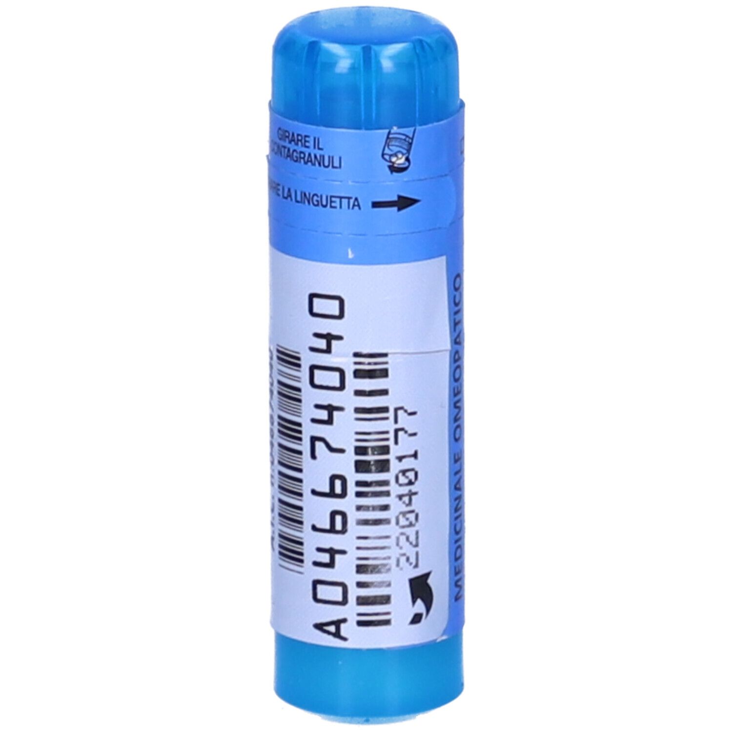 Contenitore blu di granuli con codice a barre e A046674040. Contiene granuli.