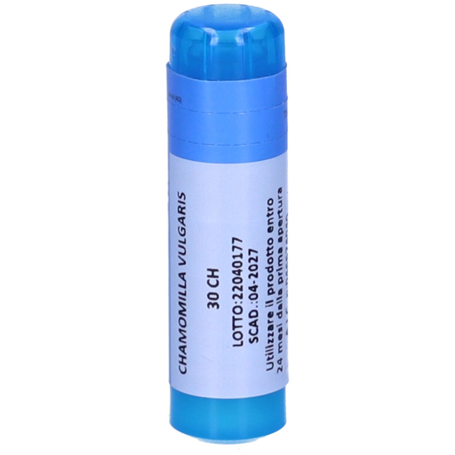 Contenitore blu di granuli CHAMOMILLA VULGARIS 30 CH. Contiene 70 granuli.
