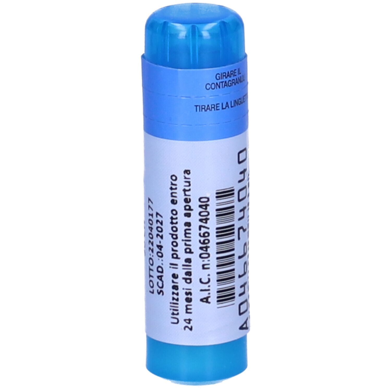 Contenitore blu di granuli con A.I.C. n:046674040. Contiene granuli.