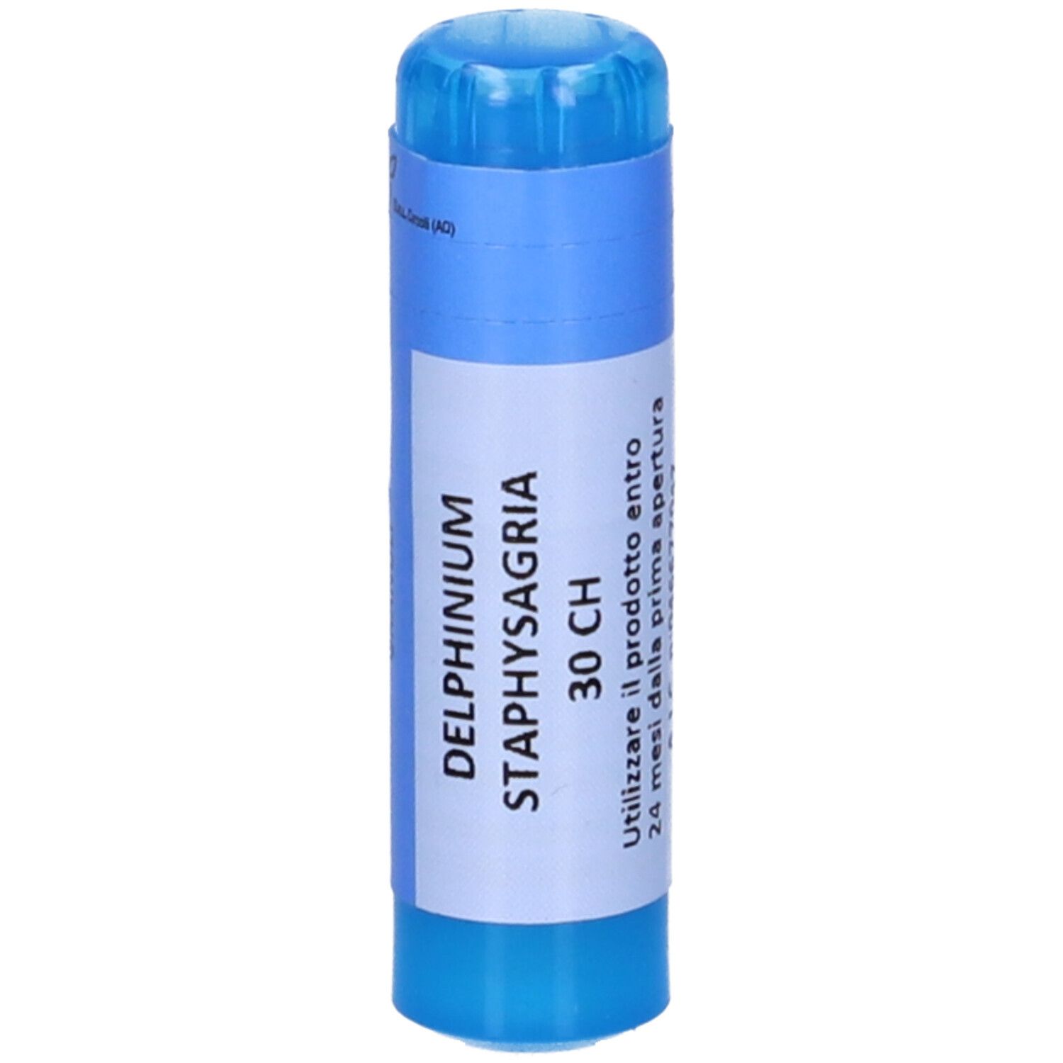 Contenitore cilindrico blu con etichetta bianca. Testo: DELPHINIUM STAPHYSAGRIA 30 CH.