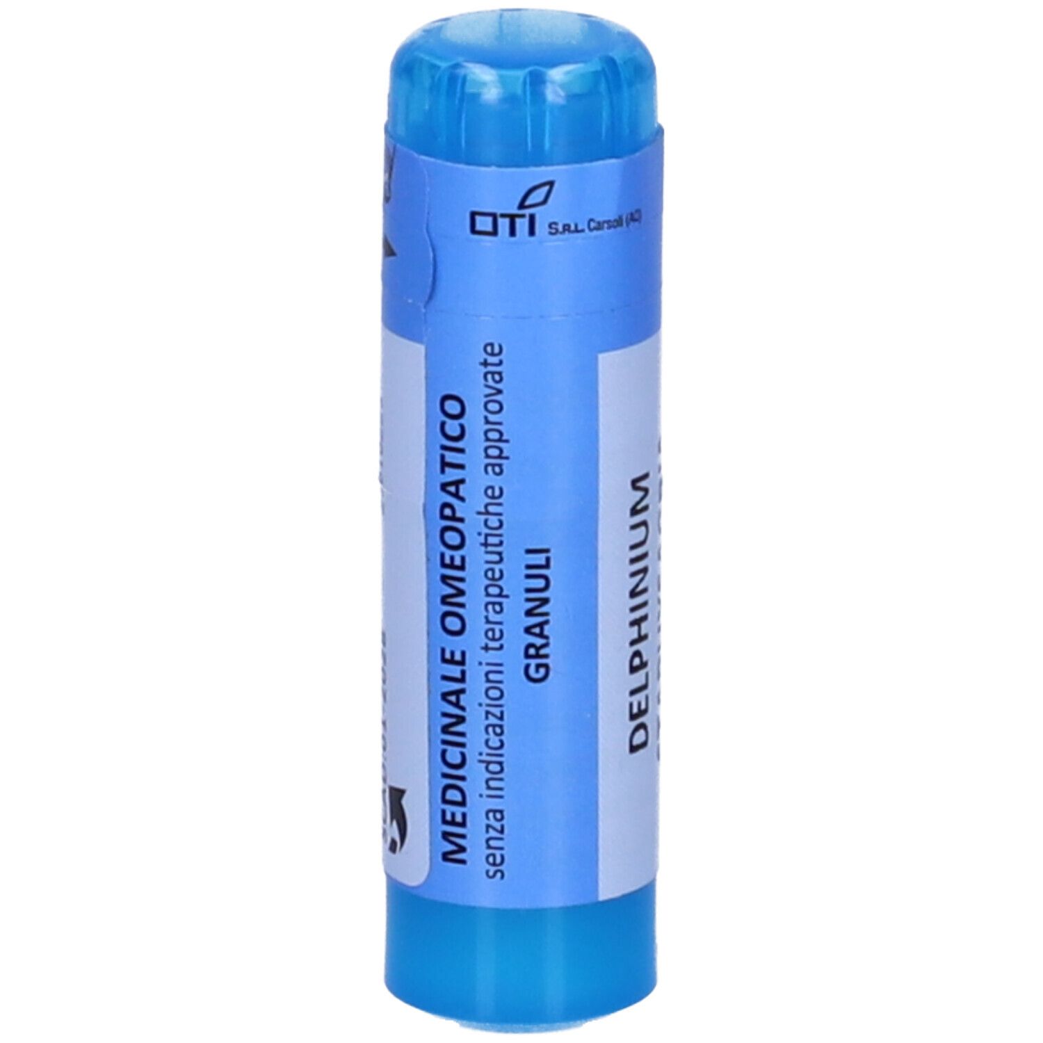 Contenitore cilindrico blu con etichetta bianca. Testo: DELPHINIUM STAPHYSAGRIA 30 CH.