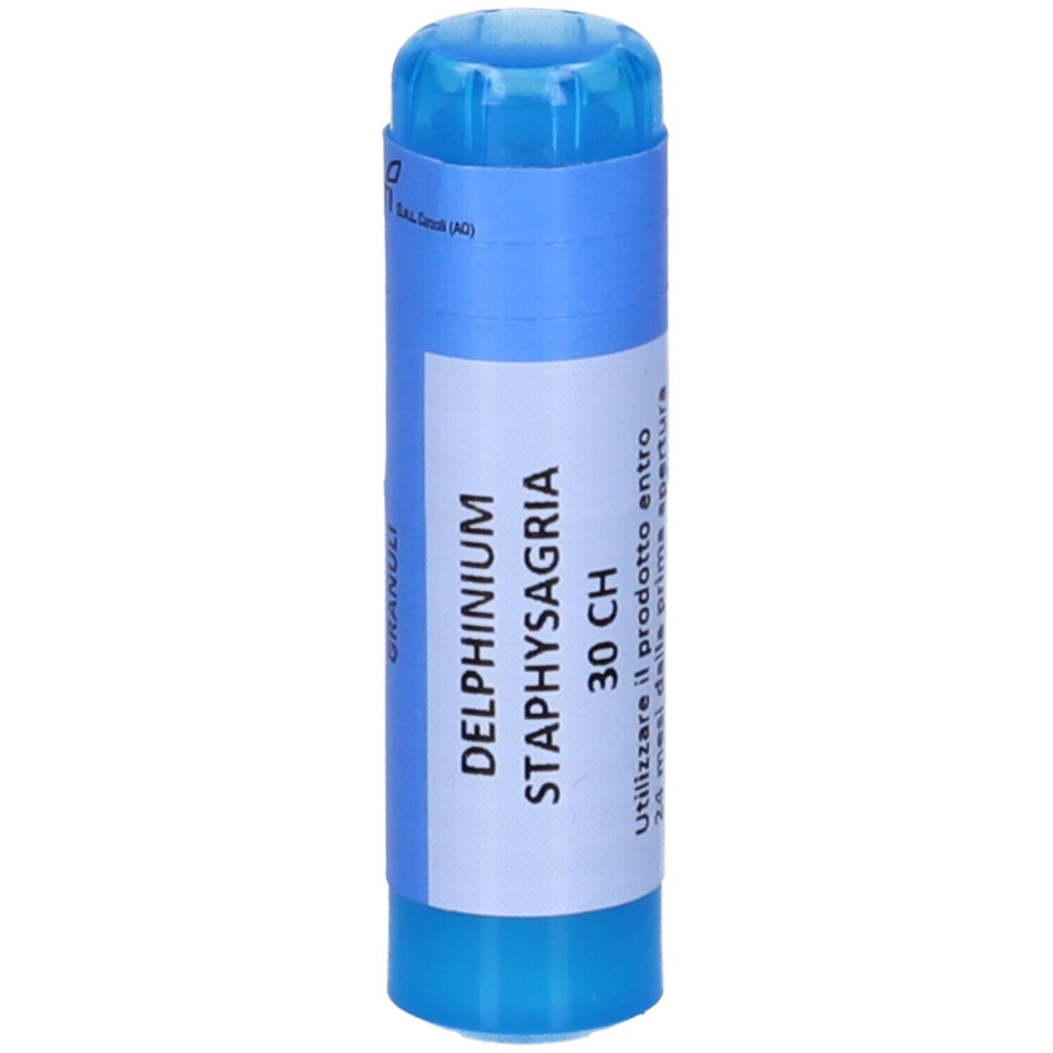 Contenitore cilindrico blu con etichetta bianca. Testo: DELPHINIUM STAPHYSAGRIA 30 CH.