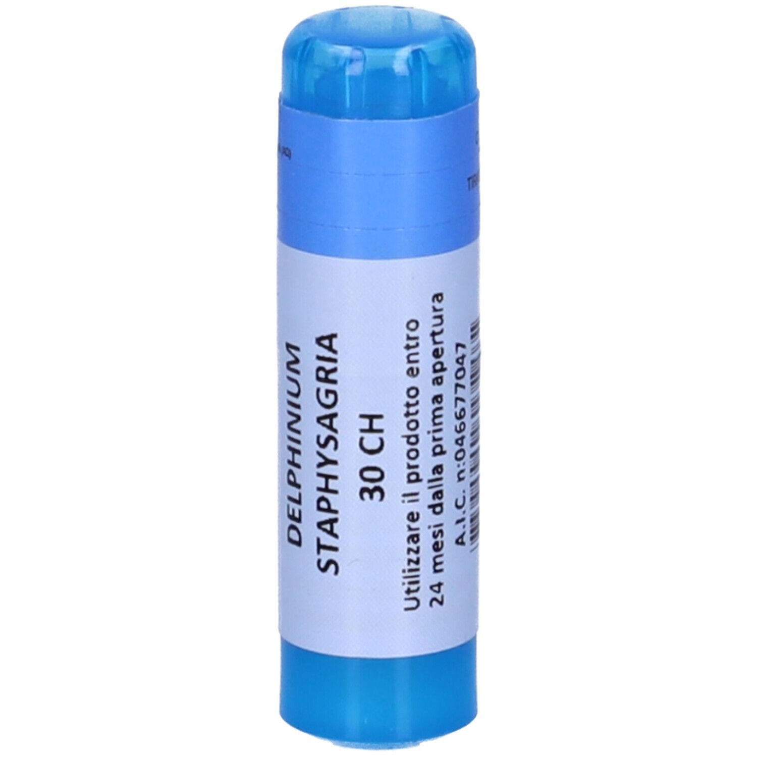 Contenitore cilindrico blu con etichetta bianca. Testo: DELPHINIUM STAPHYSAGRIA 30 CH.