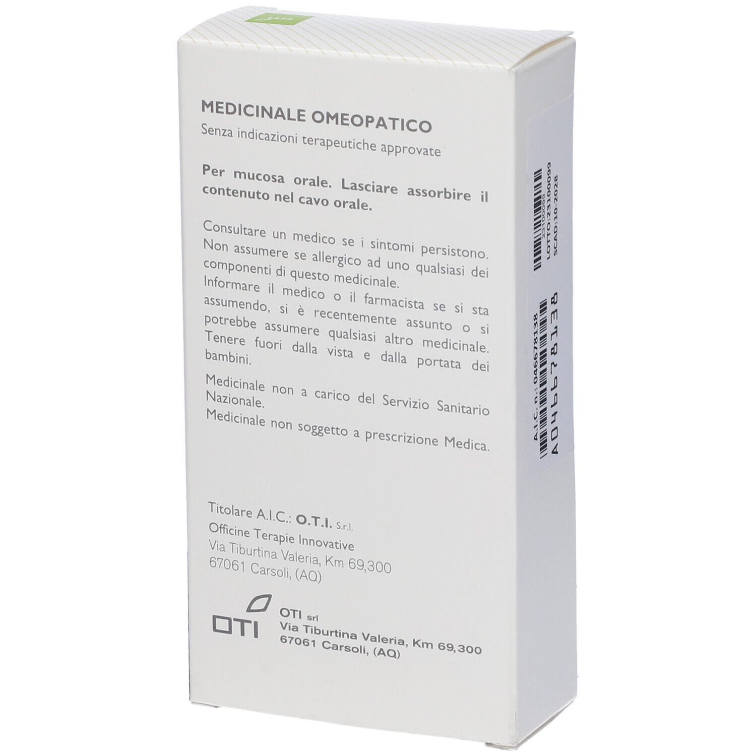 Scatola bianca con testo. Testo: Medicinale omeopatico. Istruzioni per l'uso. Logo OTI.