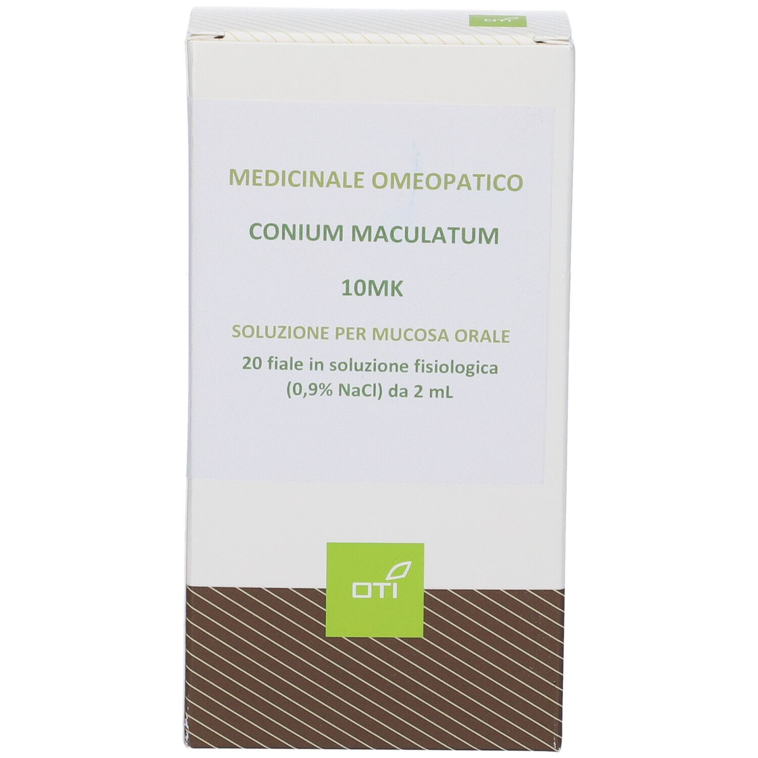 Scatola bianca con informazioni prodotto. Testo: Conium Maculatum 10MK, soluzione per mucosa orale. Logo: OTI.