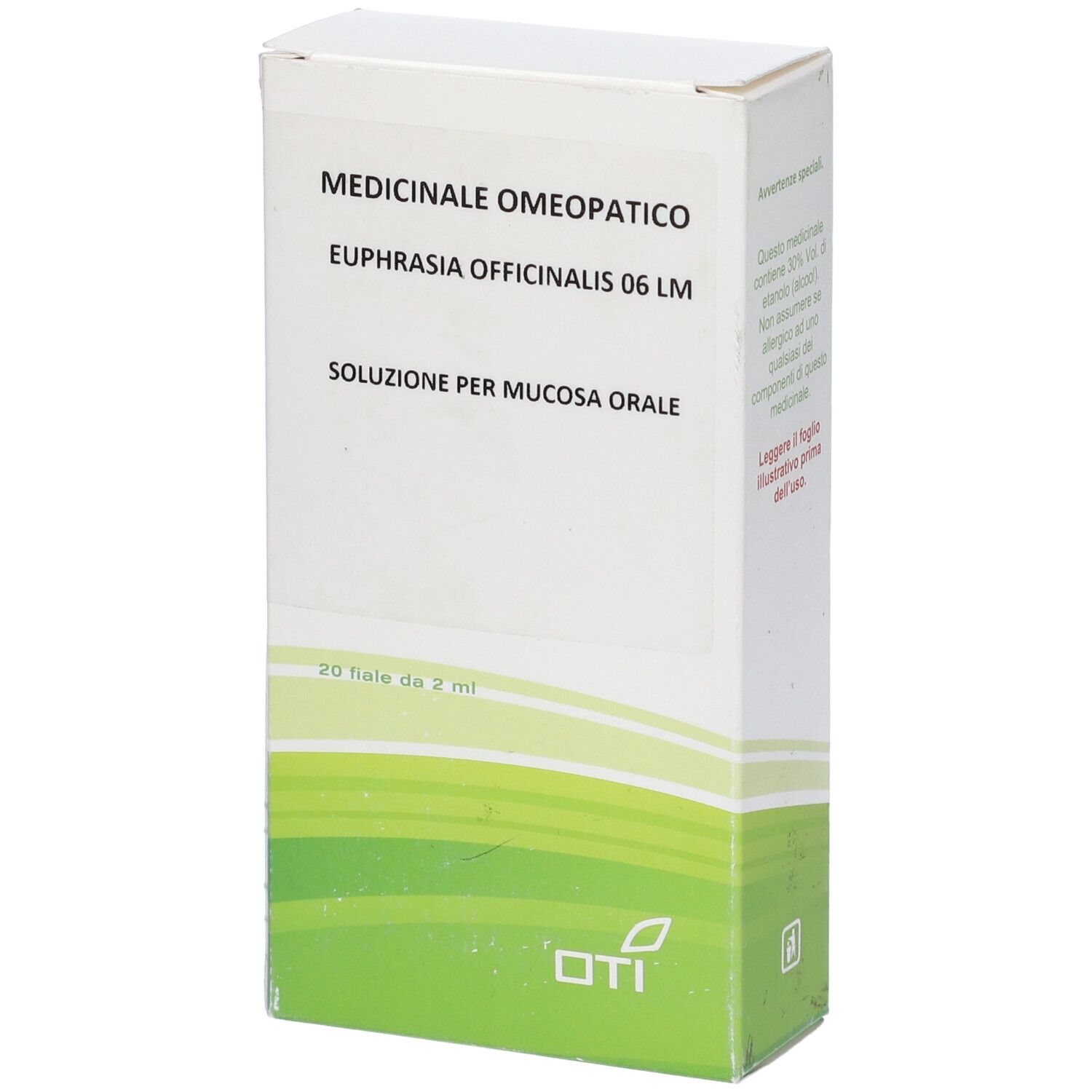 Scatola bianca con testo: MEDICINALE OMEOPATICO, Euphrasia Officinalis 06 LM, Soluzione per mucosa orale. Logo OTI.