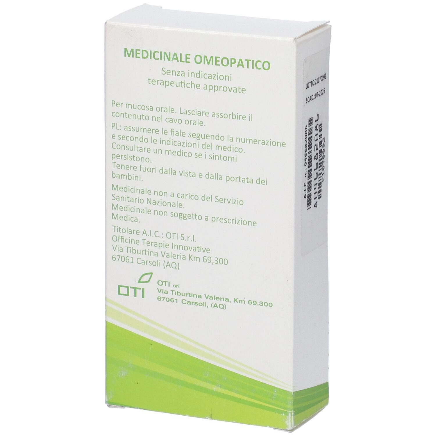 Scatola bianca con testo. Logo OTI. Testo: MEDICINALE OMEOPATICO, senza indicazioni terapeutiche, per mucosa orale.