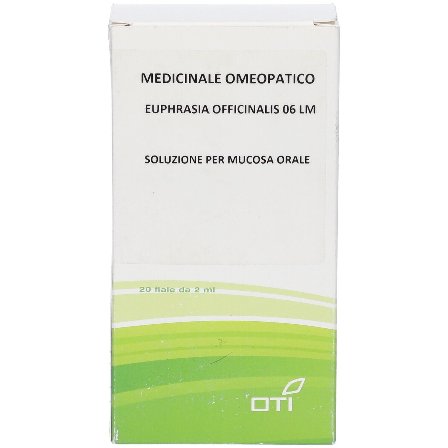 Scatola bianca con testo: MEDICINALE OMEOPATICO, Euphrasia Officinalis 06 LM, Soluzione per mucosa orale. 20 fiale da 2 ml. Logo OTI.