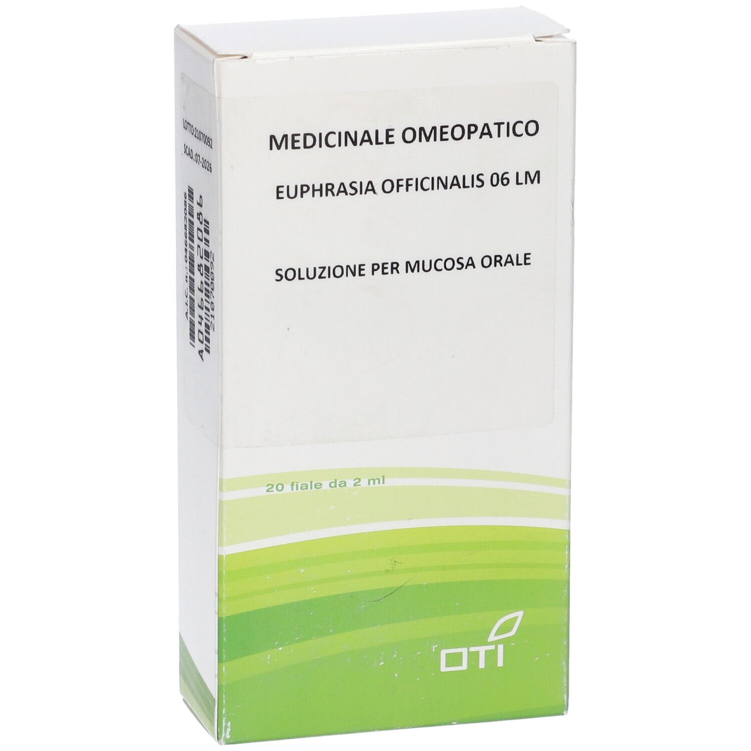 Scatola bianca con testo: MEDICINALE OMEOPATICO, Euphrasia Officinalis 06 LM, Soluzione per mucosa orale. 20 fiale da 2 ml. Logo OTI.