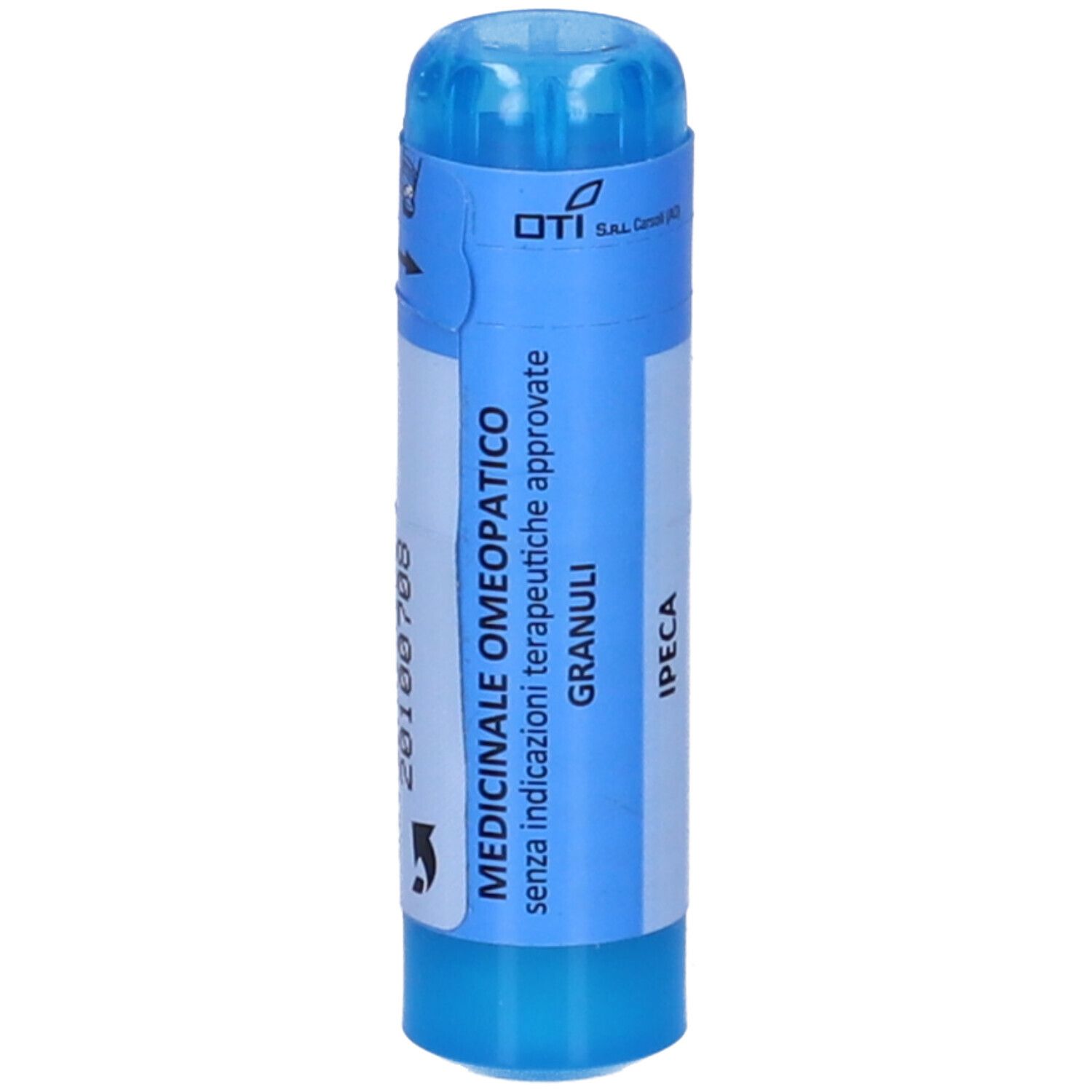 Contenitore cilindrico blu con etichetta bianca. Scritta: OTI, MEDICINALE OMEOPATICO, GRANULI, IPECA.