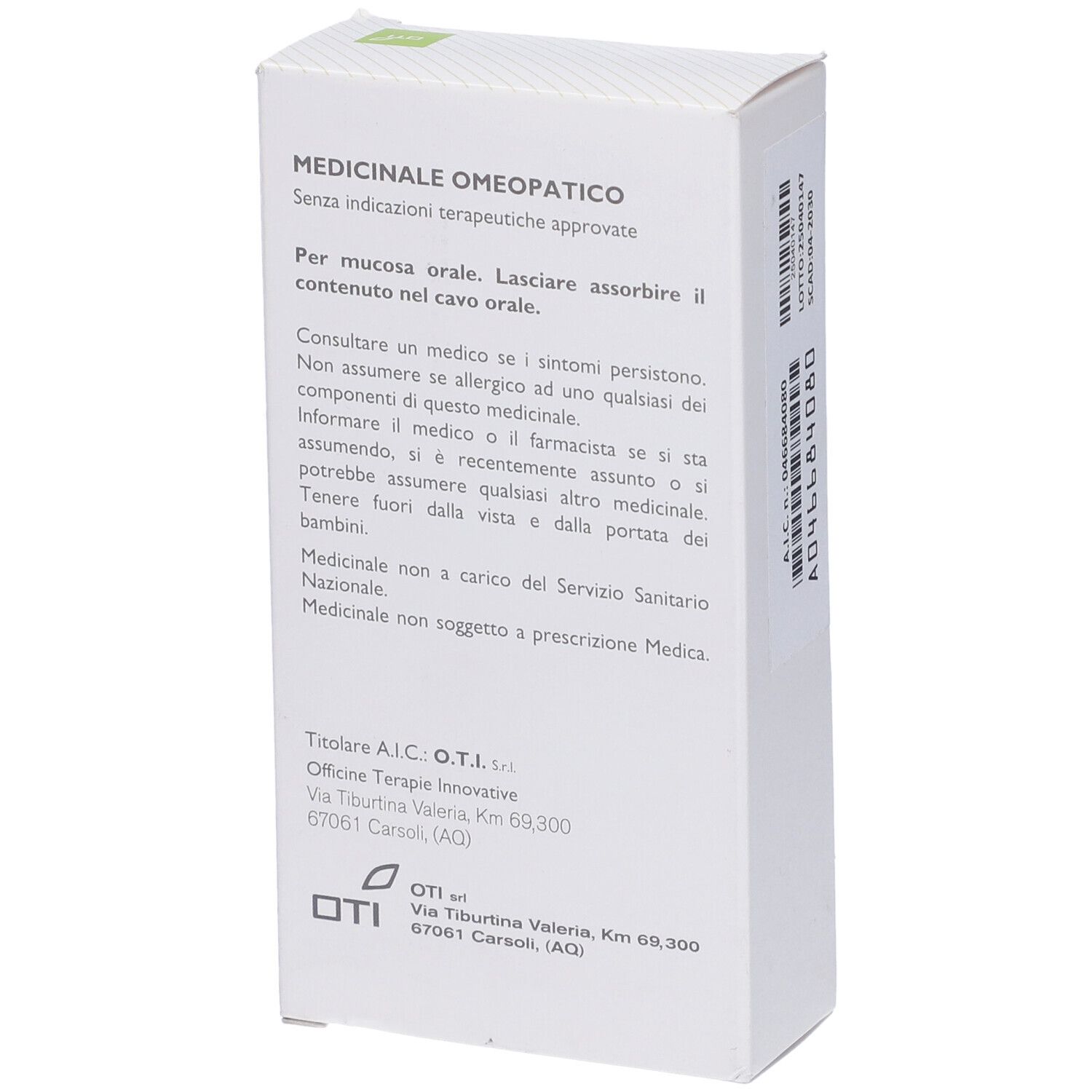 Retro della confezione del prodotto con testo. Informazioni sul produttore e logo OTI.