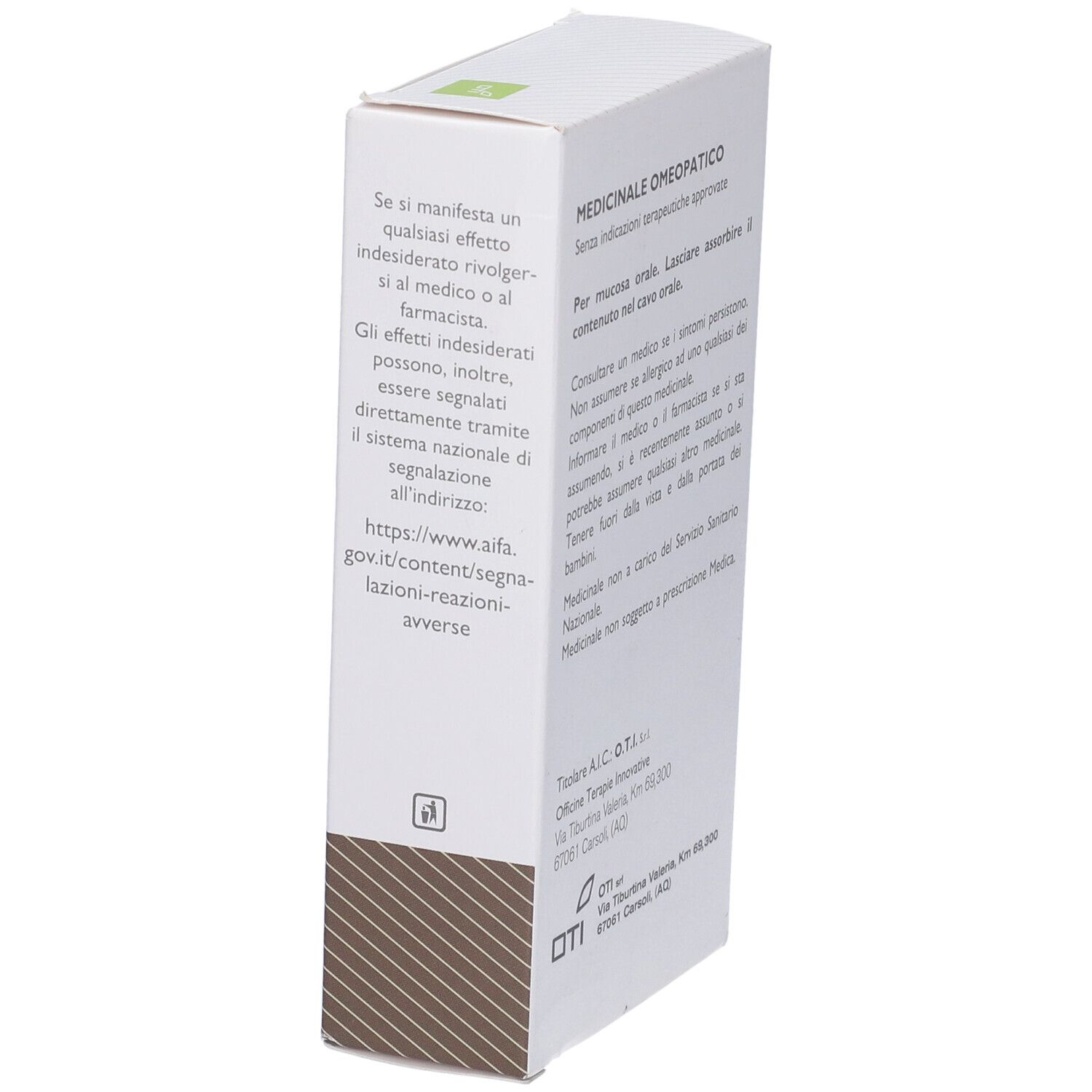 Vista laterale della confezione con testo. Informazioni sugli effetti indesiderati. Logo OTI.
