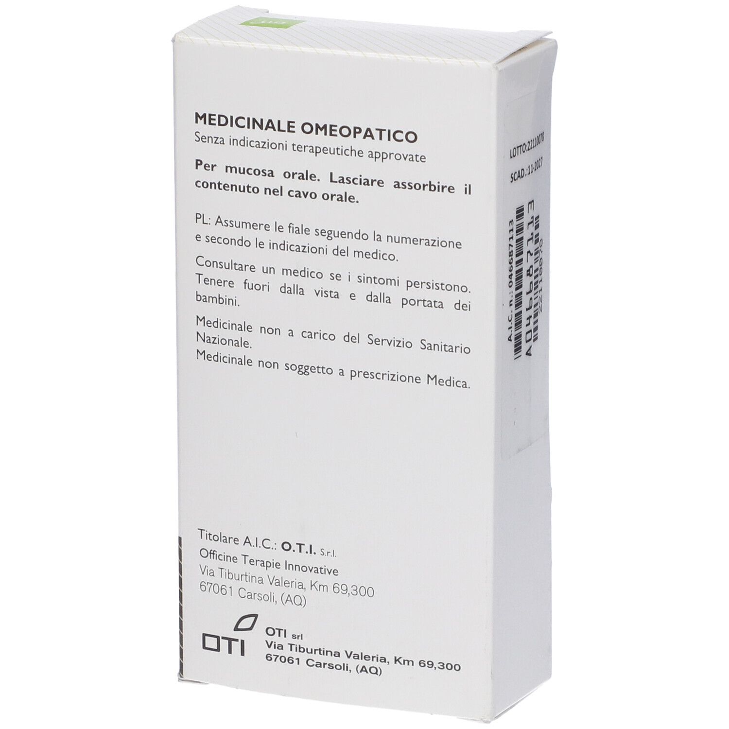 Retro della confezione. Informazioni testuali e indirizzo del produttore. Scritto: Medicinale Omeopatico.