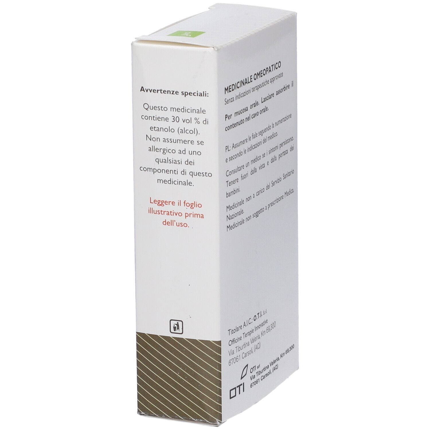 Lato della confezione con avvertenze. Scritto: Medicinale Omeopatico, contiene 30% di etanolo.