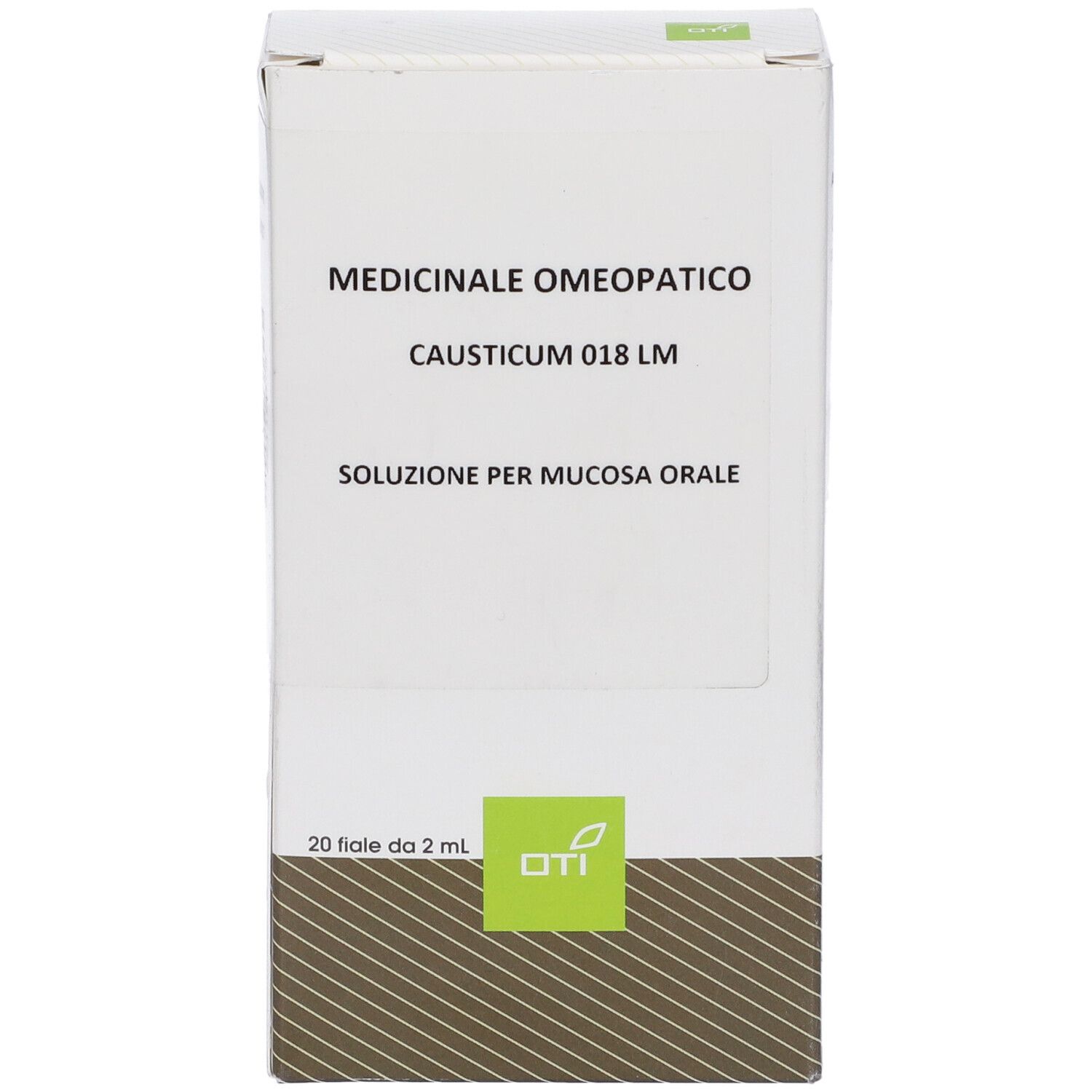 Confezione del prodotto con nome e informazioni. Scritto: Medicinale Omeopatico, Causticum 018 LM, Soluzione per mucosa orale.