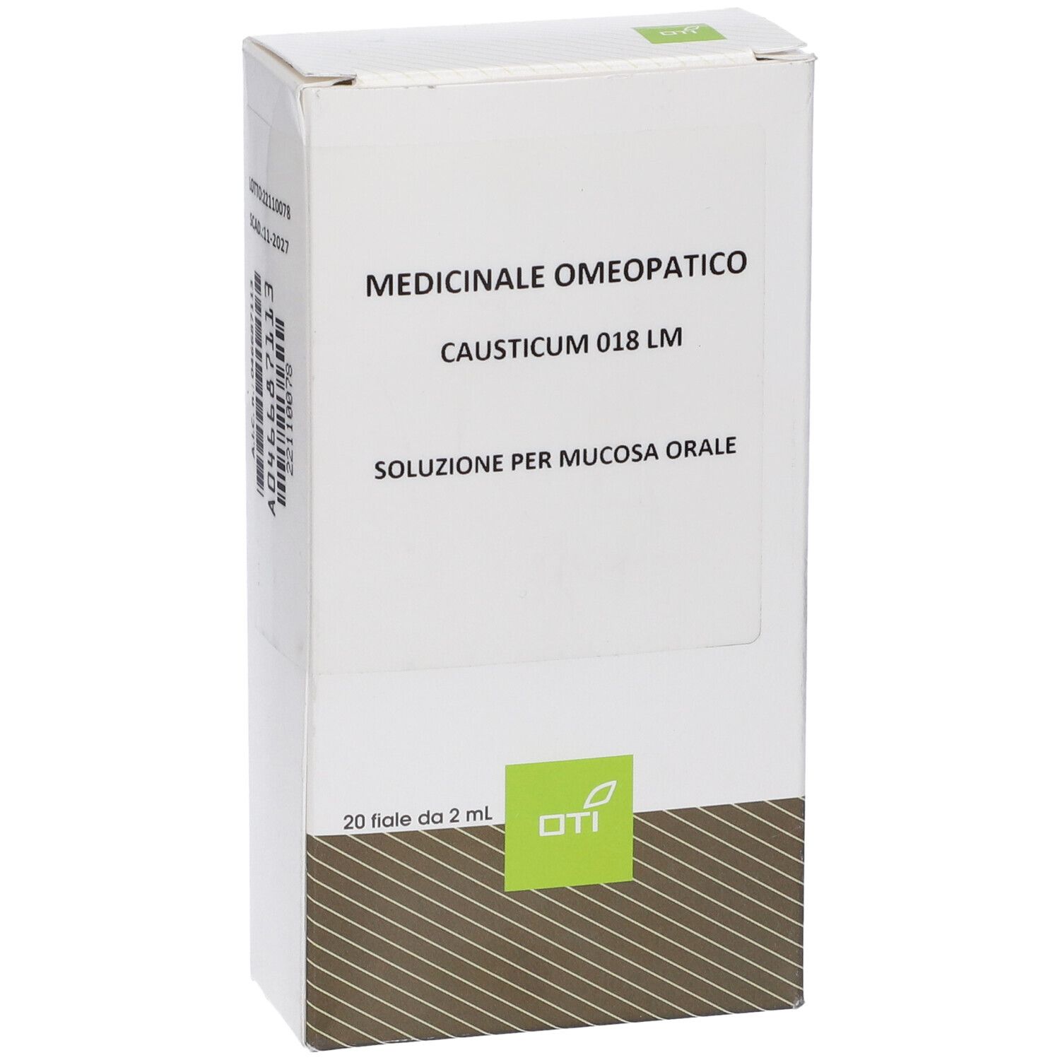 Confezione del prodotto con nome e informazioni. Scritto: Medicinale Omeopatico, Causticum 018 LM, Soluzione per mucosa orale.