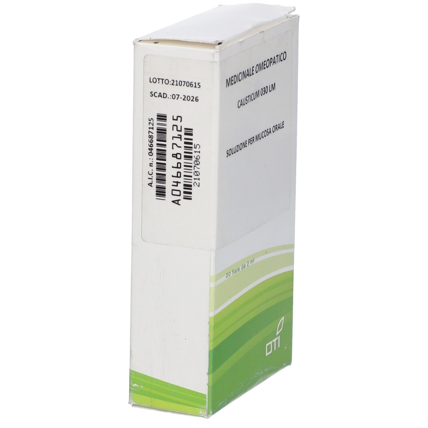 Lato scatola con LOTTO, SCAD., codice A.I.C., codice a barre. Logo OTI.