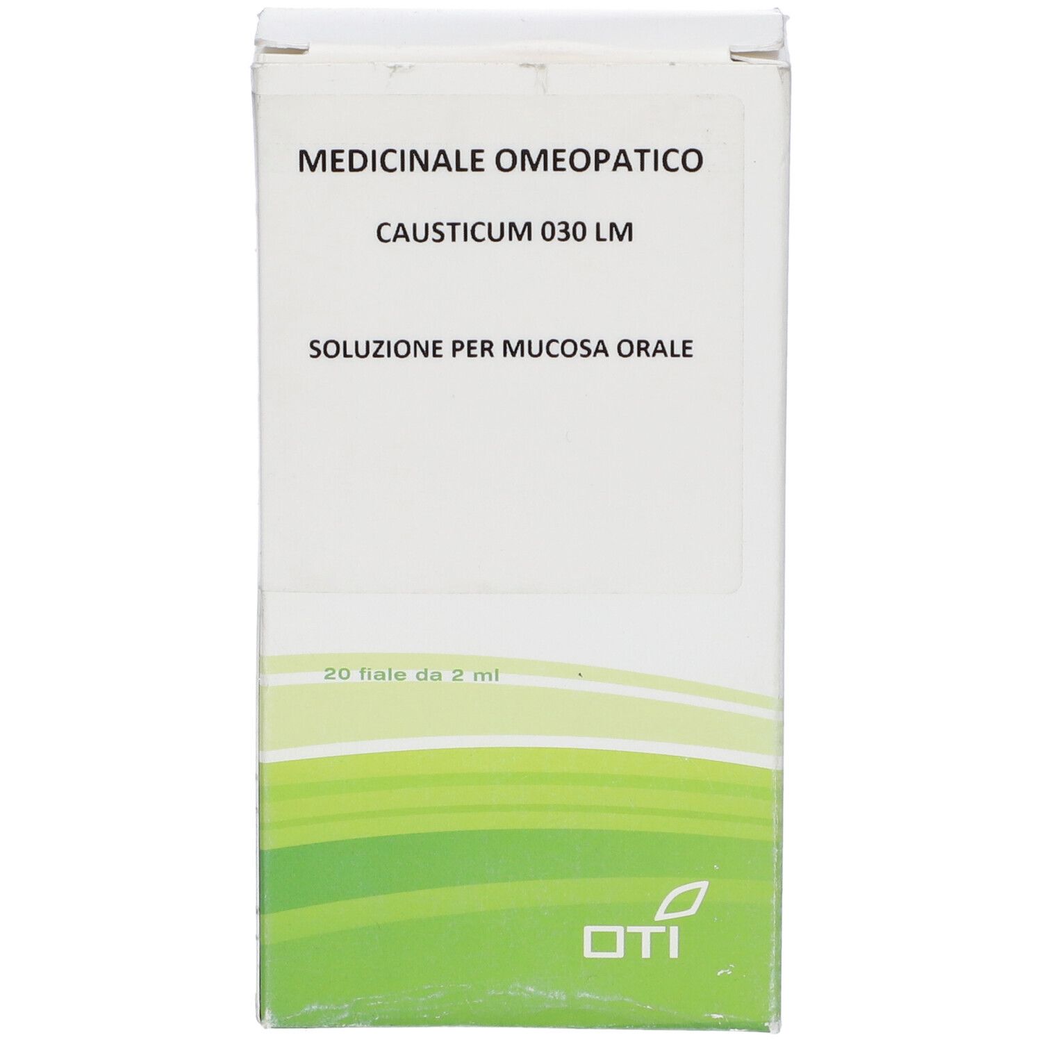 Vista frontale della confezione. Causticum 030 LM. 20 fiale da 2 ml. Logo OTI.