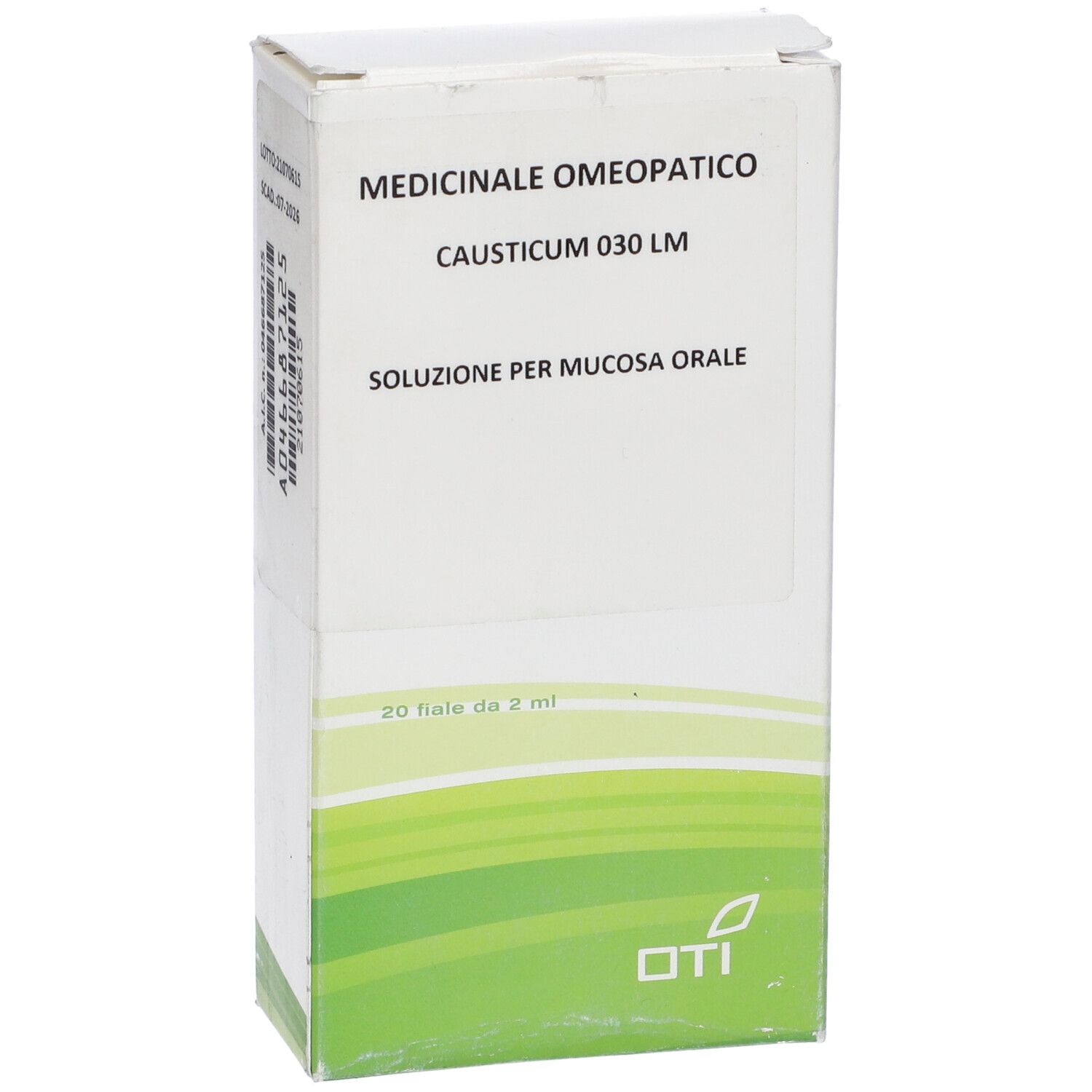 Vista frontale della confezione. Causticum 030 LM. 20 fiale da 2 ml. Logo OTI.