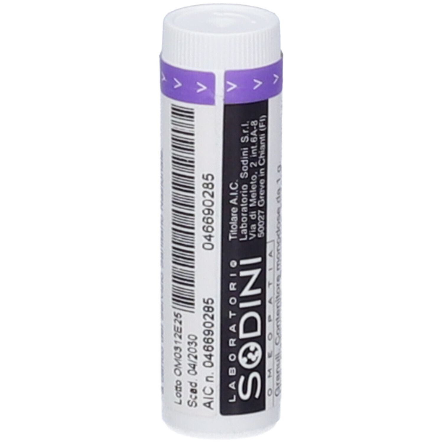 Cilindro bianco con stampa viola. Scritta: SODINI. Codice a barre e numero di lotto. Indirizzo del produttore.