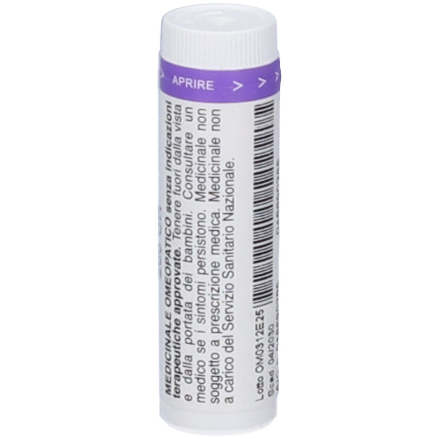 Cilindro bianco con stampa viola. Codice a barre e numero di lotto. Indicazioni mediche.