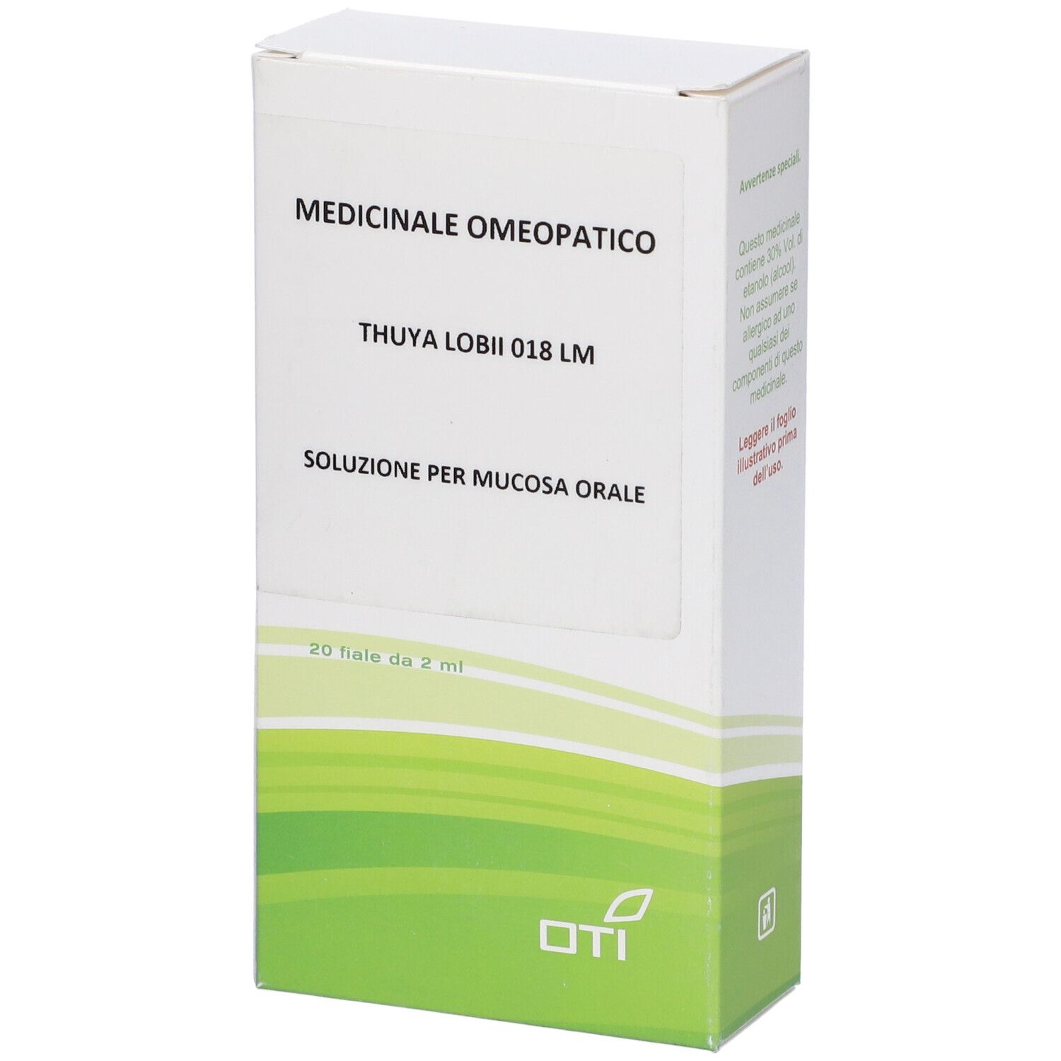 Scatola con nome del prodotto e logo OTI. Contiene 20 fiale da 2 ml. 'Medicinale Omeopatico' in alto.