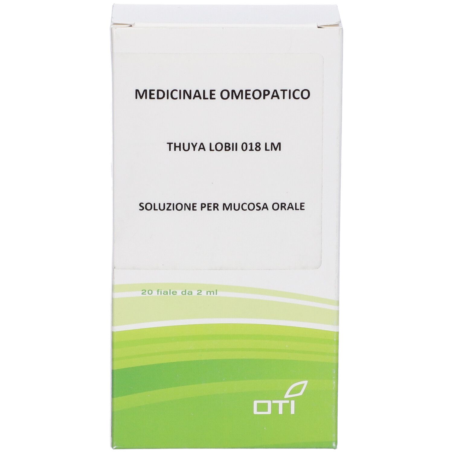 Scatola con nome del prodotto e logo OTI. Contiene 20 fiale da 2 ml. 'Medicinale Omeopatico' in alto.