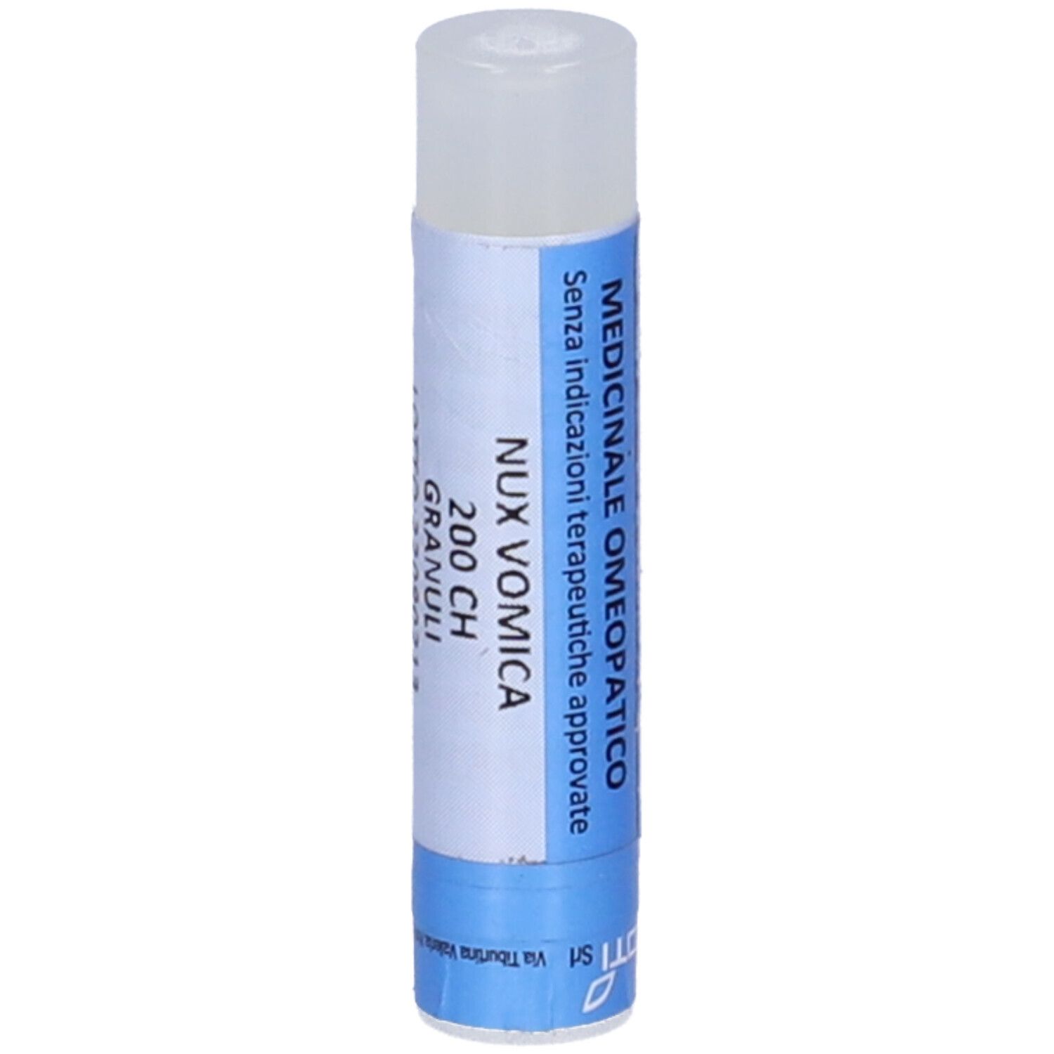 Confezione cilindrica con coperchio bianco. Testo: MEDICINALE OMEOPATICO, Nux Vomica 200 CH.
