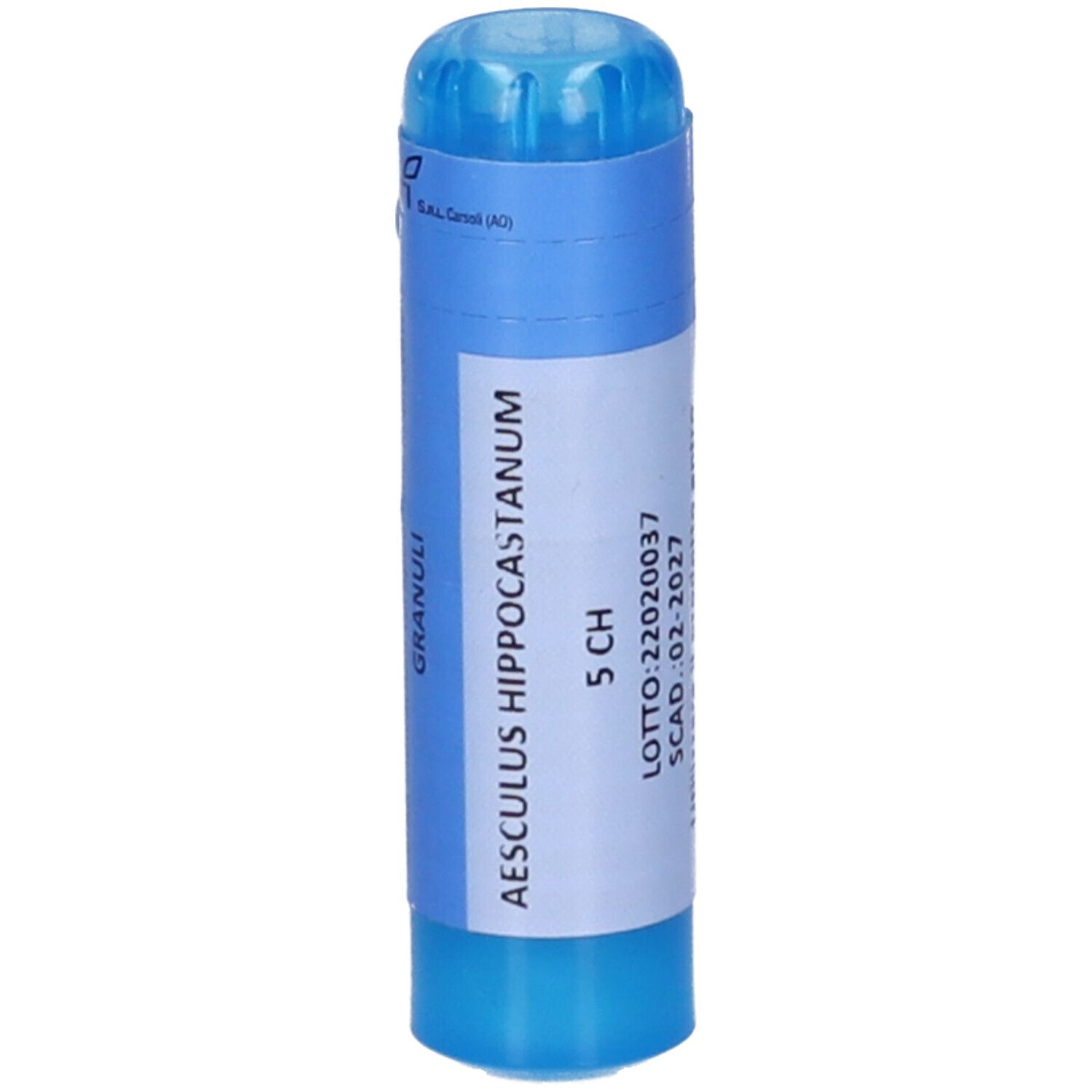 Contenitore cilindrico blu con etichetta bianca. Testo: Aesculus Hippocastanum 5 CH, LOTTO e SCAD.
