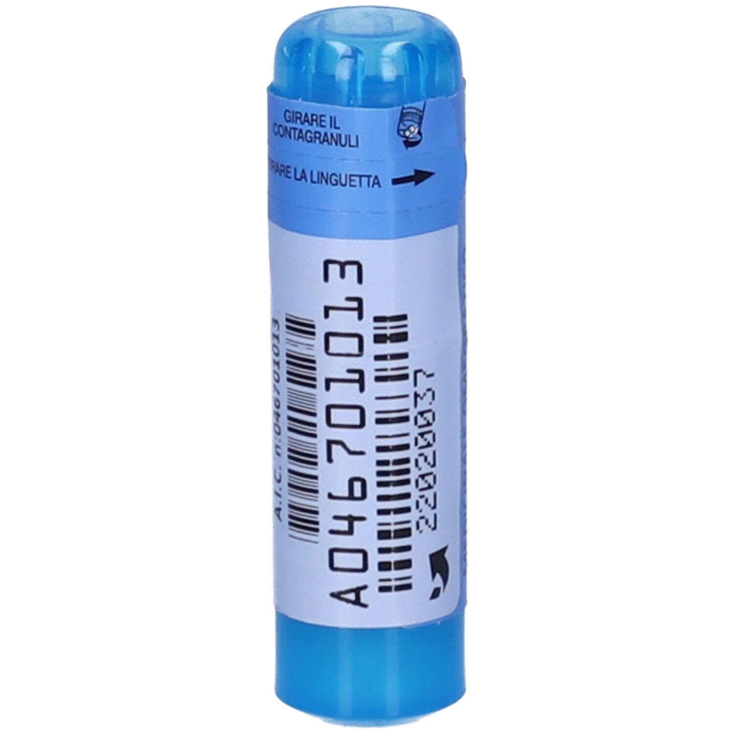 Contenitore cilindrico blu con codice a barre e testo: A046701013, LOTTO e numero.