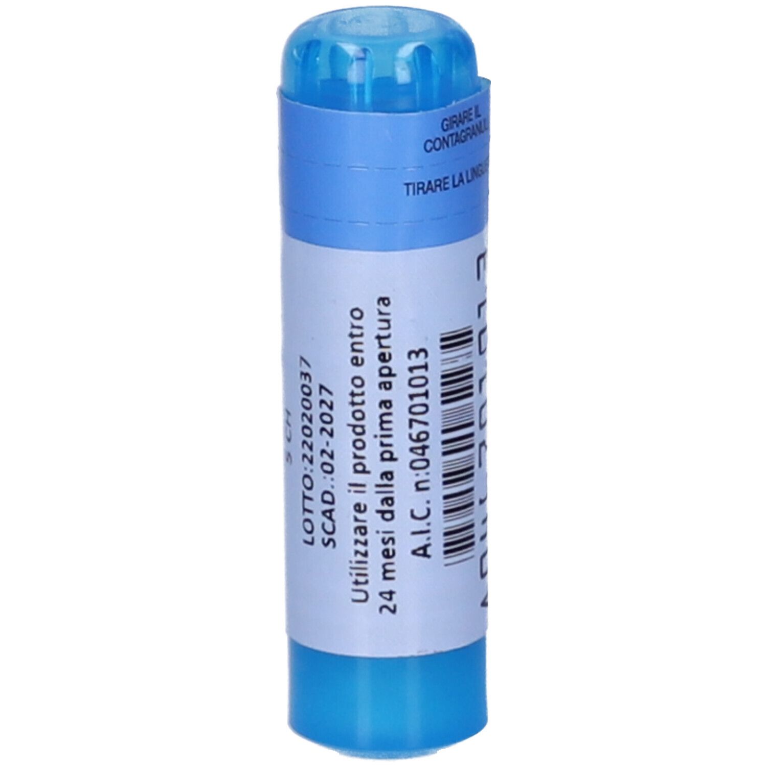 Contenitore cilindrico blu con etichetta bianca. Testo: LOTTO, scadenza e numero A.I.C.