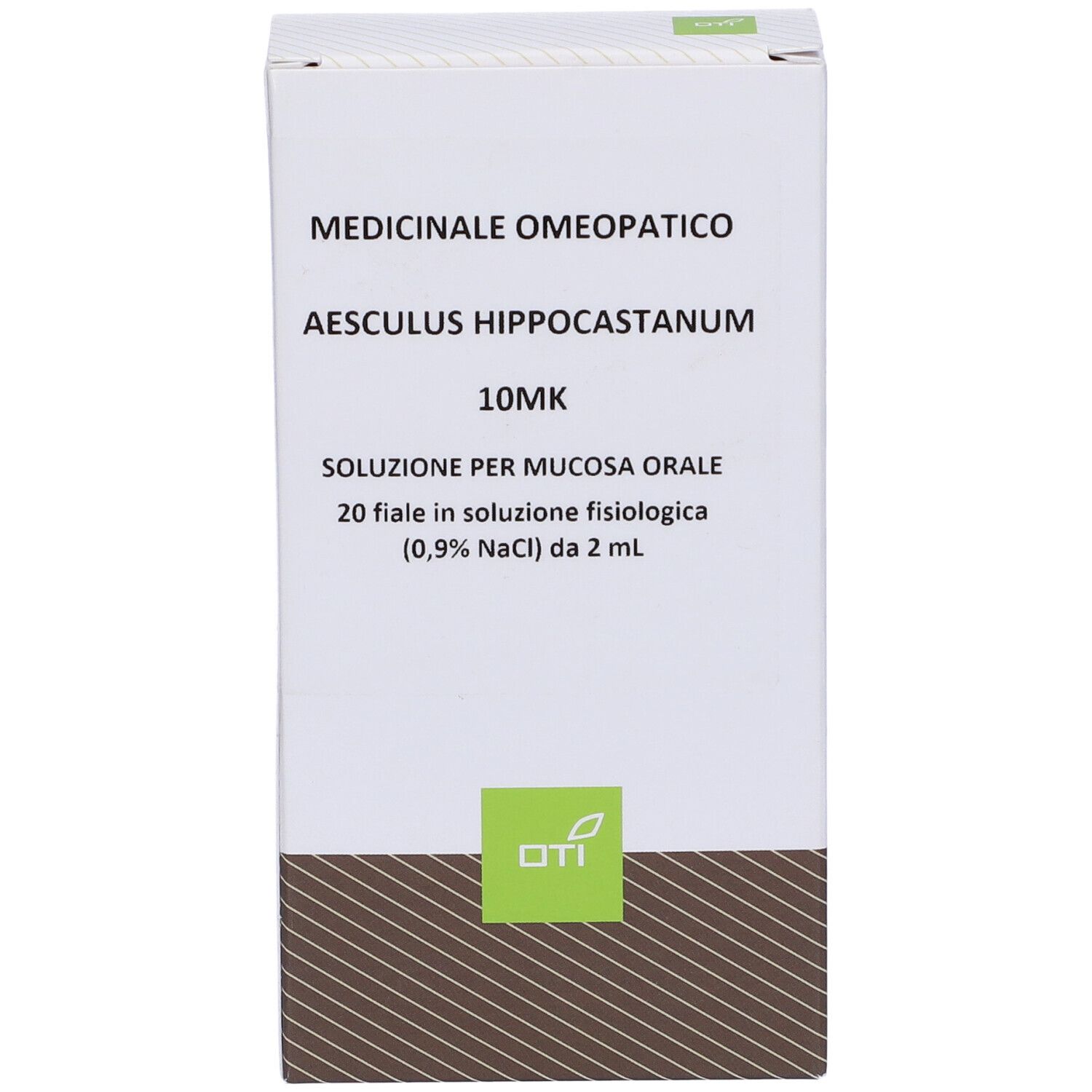 Scatola bianca con informazioni sul prodotto. Scritto: Aesculus Hippocastanum 10MK, soluzione per mucosa orale.