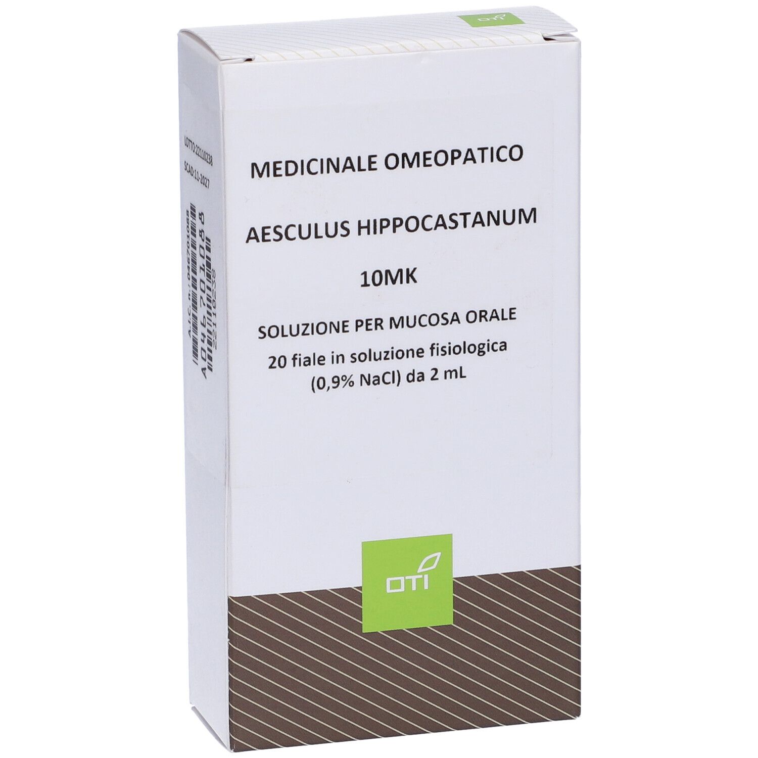 Scatola bianca con informazioni sul prodotto. Scritto: Aesculus Hippocastanum 10MK, soluzione per mucosa orale.