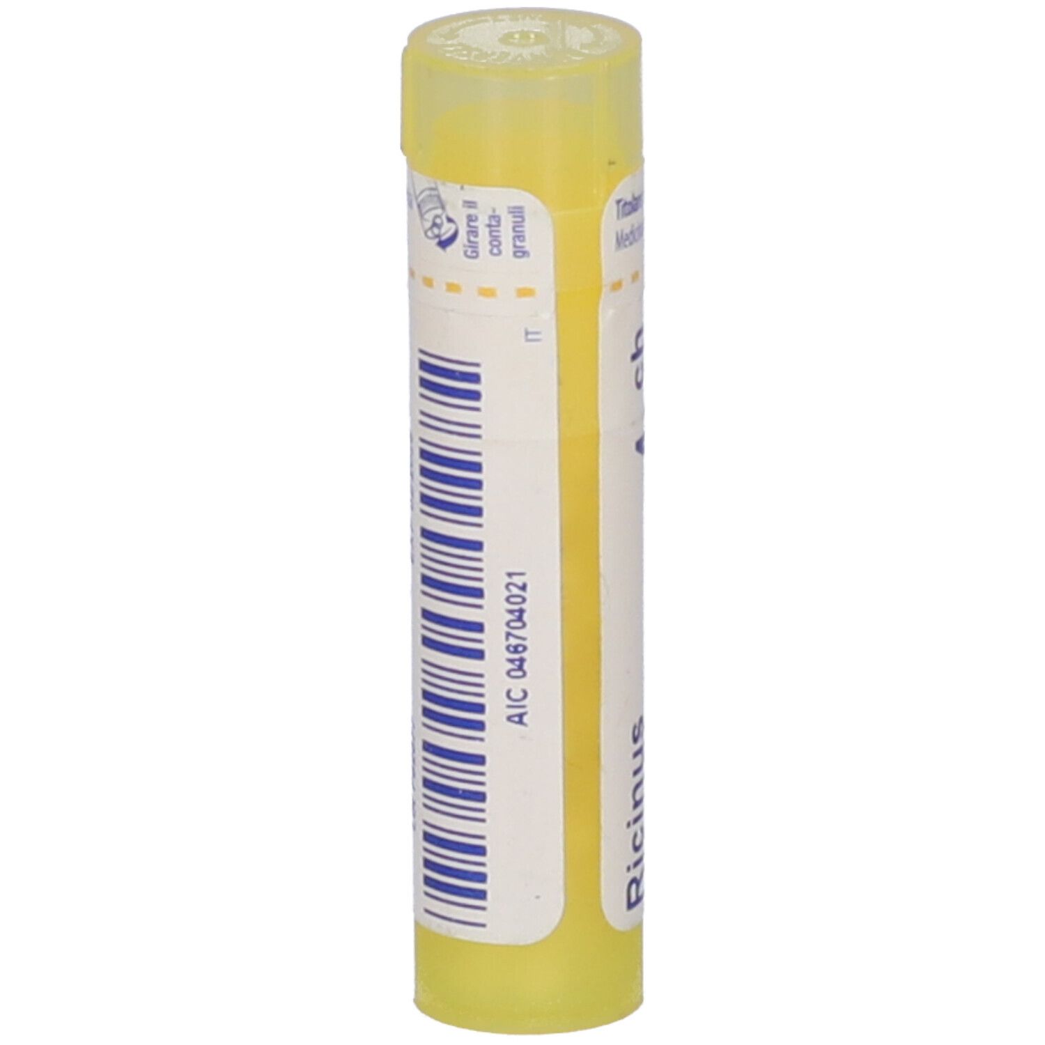 Tubo giallo con codice a barre e "Ricinus communis". Contiene granuli. Informazioni produttore.